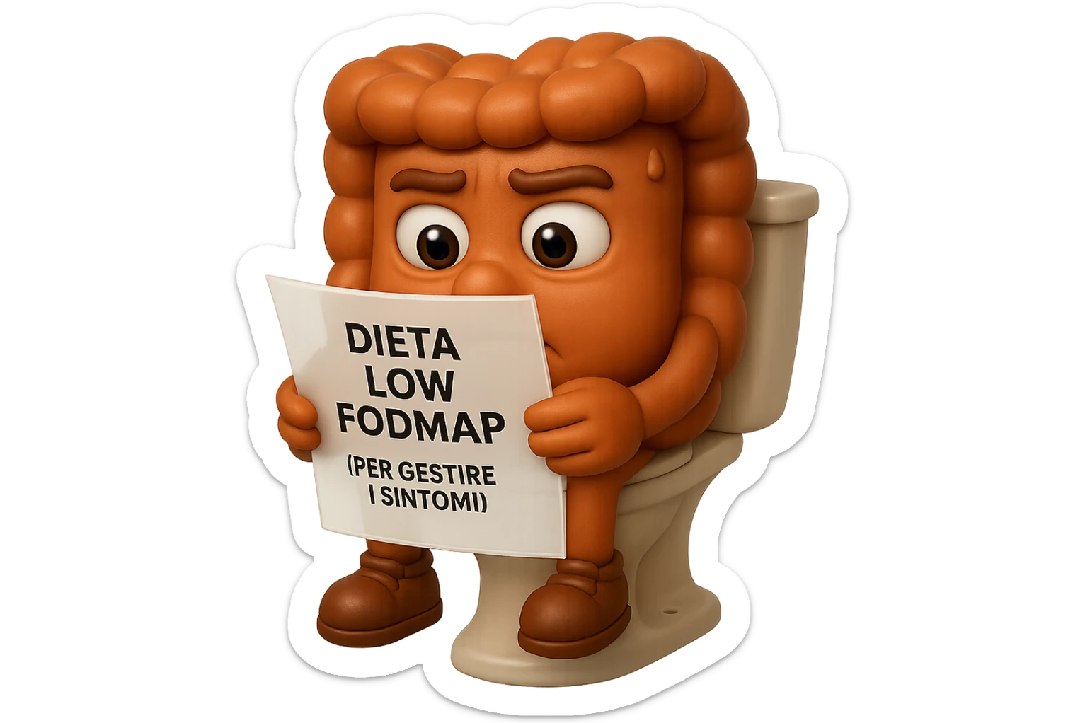 EMOJI STILE IPHONE DI UN INTESTINO UMANO ANATOMICO CHE GUARDA UN FOGLIO CON LA SCRITTA "DIETA LOW FODMAP (PER GESTIRE I SINTOMI)", FAGLI ANCHE LA PARTE BIANCA DEGLI OCCHI, NON SOLO LE PUPILLE, IPERREALISTICO 4K sticker