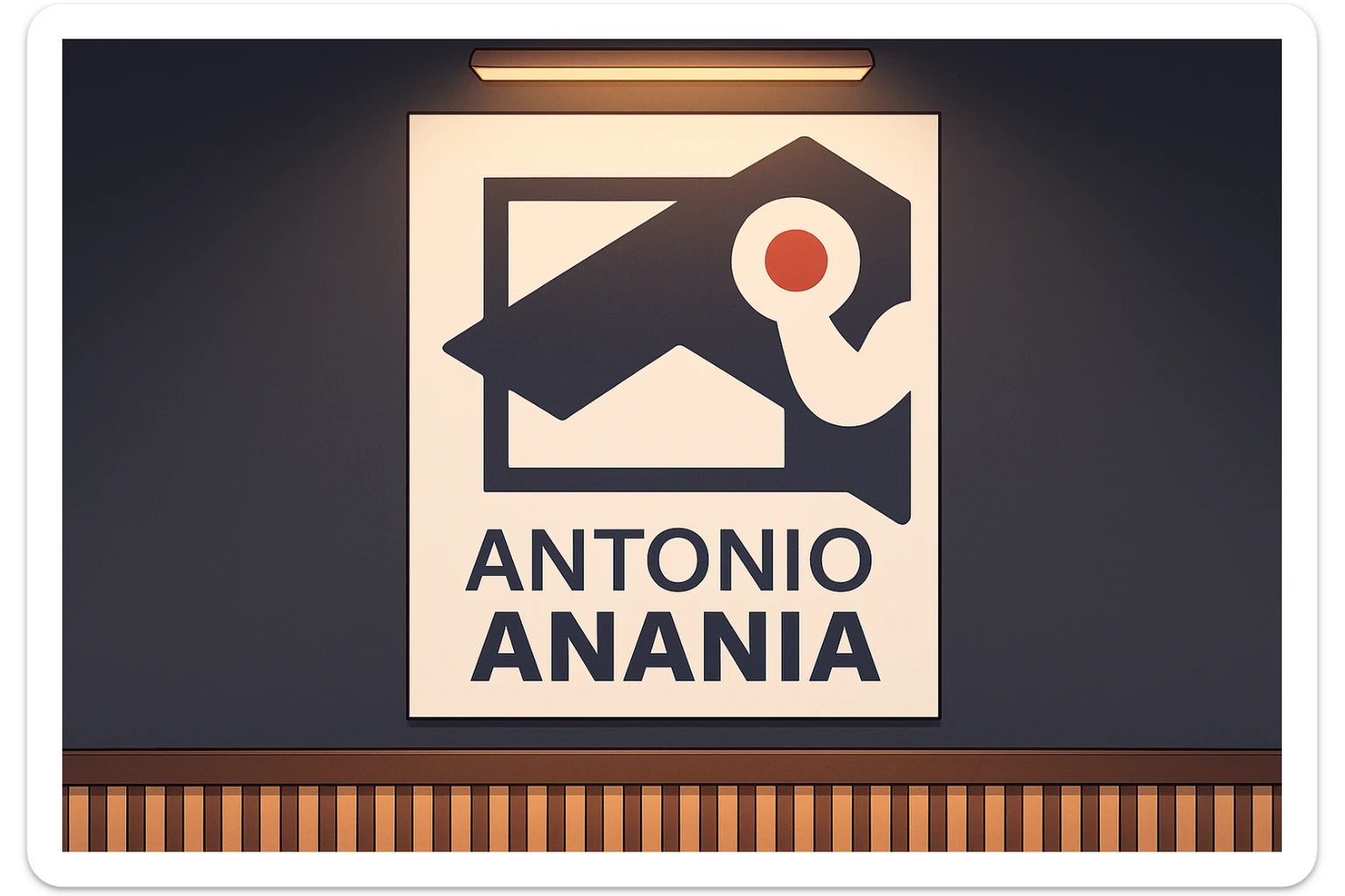 su questo stile fai un manga/webtoon a colori in cui mostri quella parete dietro dello studio con il suo logo e la scritta "ANTONIO ANANIA" SOTTO IL LOGO, LUCE CHE ILLUMINA IL LOGO sticker