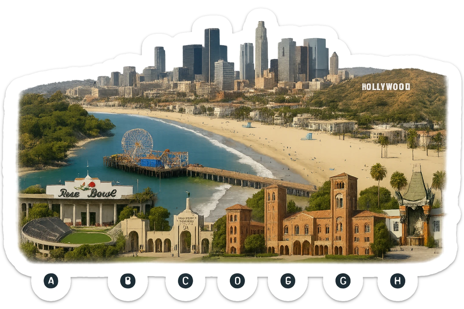 Create a photorealistic emoji of Los Angeles featuring the inland Rose Bowl, Santa Monica Pier and beach at the coast, and more Santa Monica beach scenes. Include other landmarks such as the Coliseum, Royce Hall at UCLA, Bovard at USC, downtown LA skyline, Chinese Theater, and Hollywood Sign in their correct positions away from the beach. The architecture should be highly realistic with accurate colors and bright daytime lighting. The background must be fully transparent with no sky, clouds, city name label, or cartoon/stylized effects. sticker