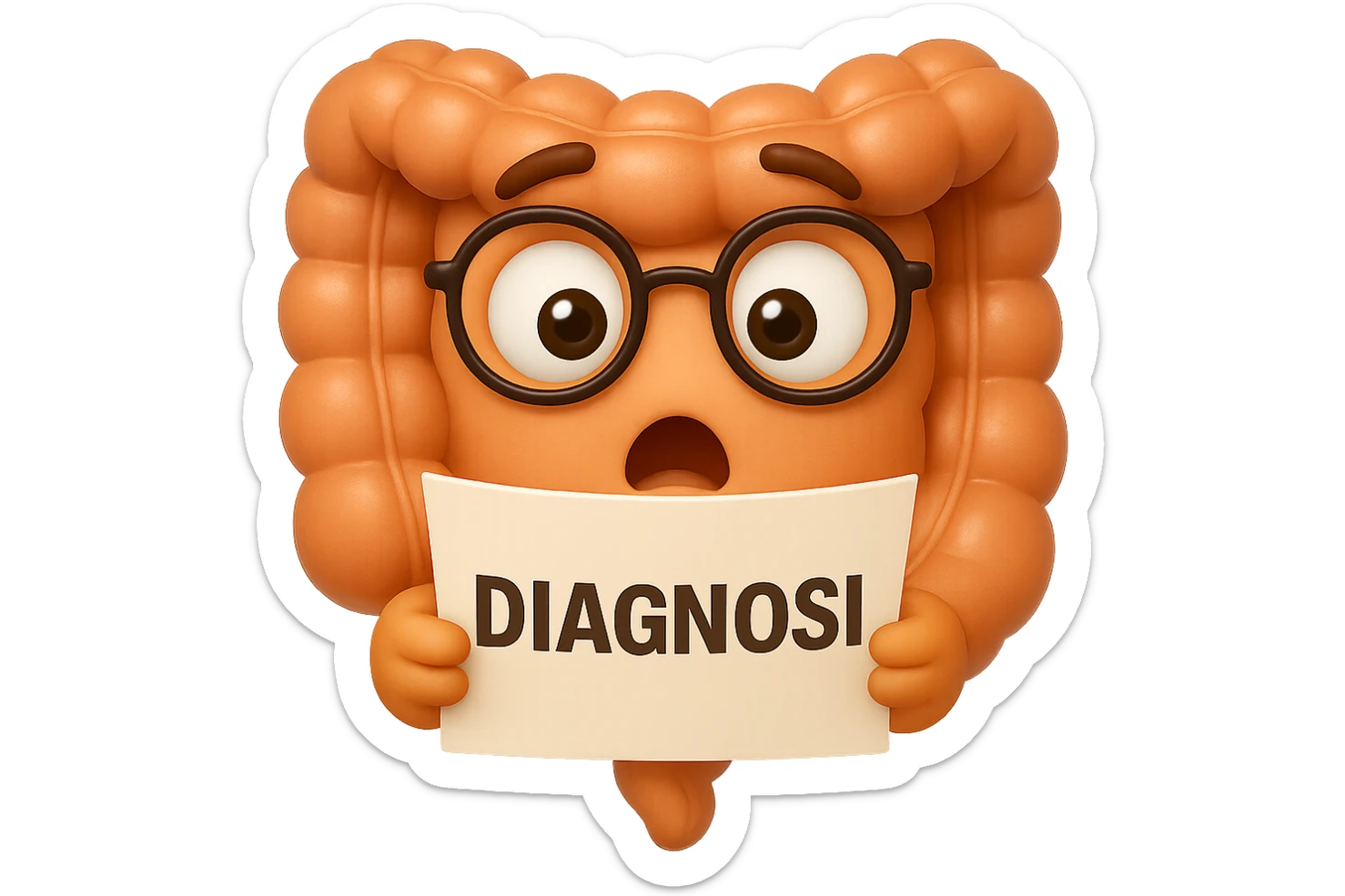 EMOJI STILE IPHONE DI UN INTESTINO CON GLI OCCHIALI CHE LEGGE UN FOGLIO CON LA SCRITTA DIAGNOSI, ESPRESSIONE STUPITA IN VOLTO, IPERREALISTICO 4K sticker