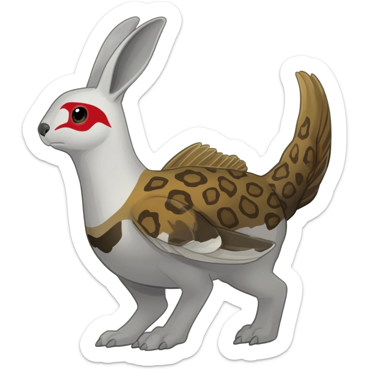 Rock Ptarmigan-Snow-Leopard-Snow-Hare-Koi-Fish-Pokémon-Fakémon-Animal-hybrid, full body, with red marking over eye sticker