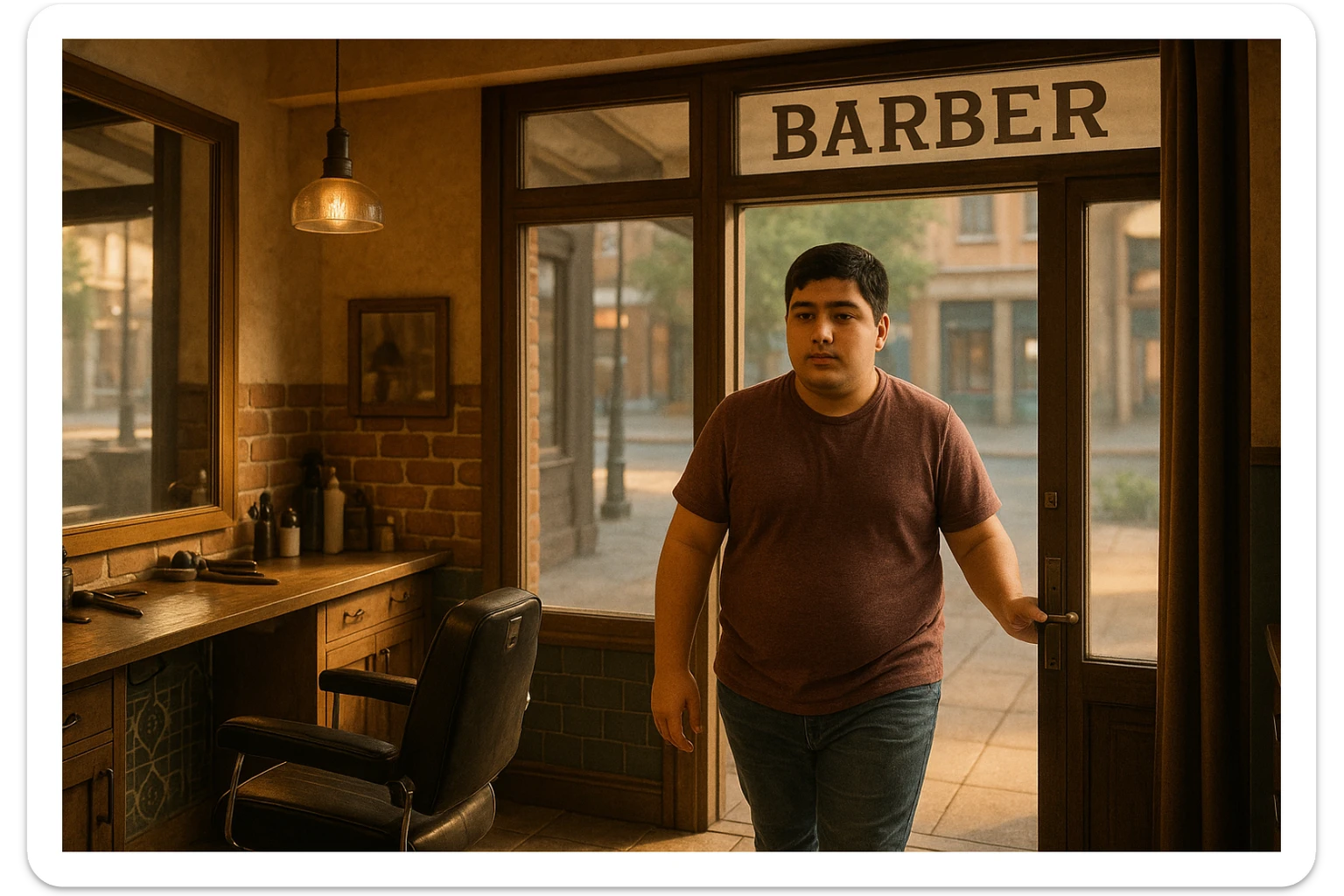 Shu odamni sartaroshxonaga kirib kelayapti  o'smirin davri rakurs ichkaridan sartaroshxona eski ham yangi ham emas bolani juda semiz qilib yuborma  u huddi sartaroshxonani  hammadan oldin kelib ochsin sticker