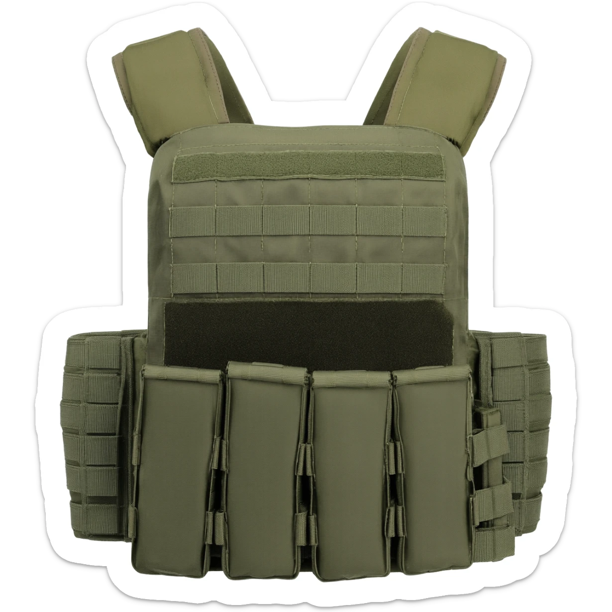 Green fatigue plate carrier with magazine pouch sticker