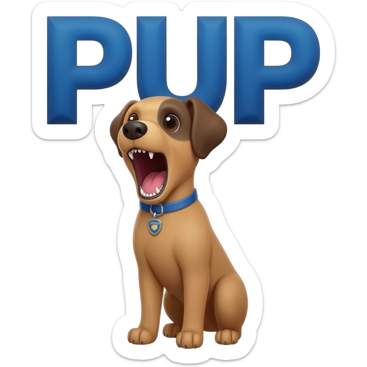 Small dangerous police puppy which is screaming the word "PUP" in big size sticker