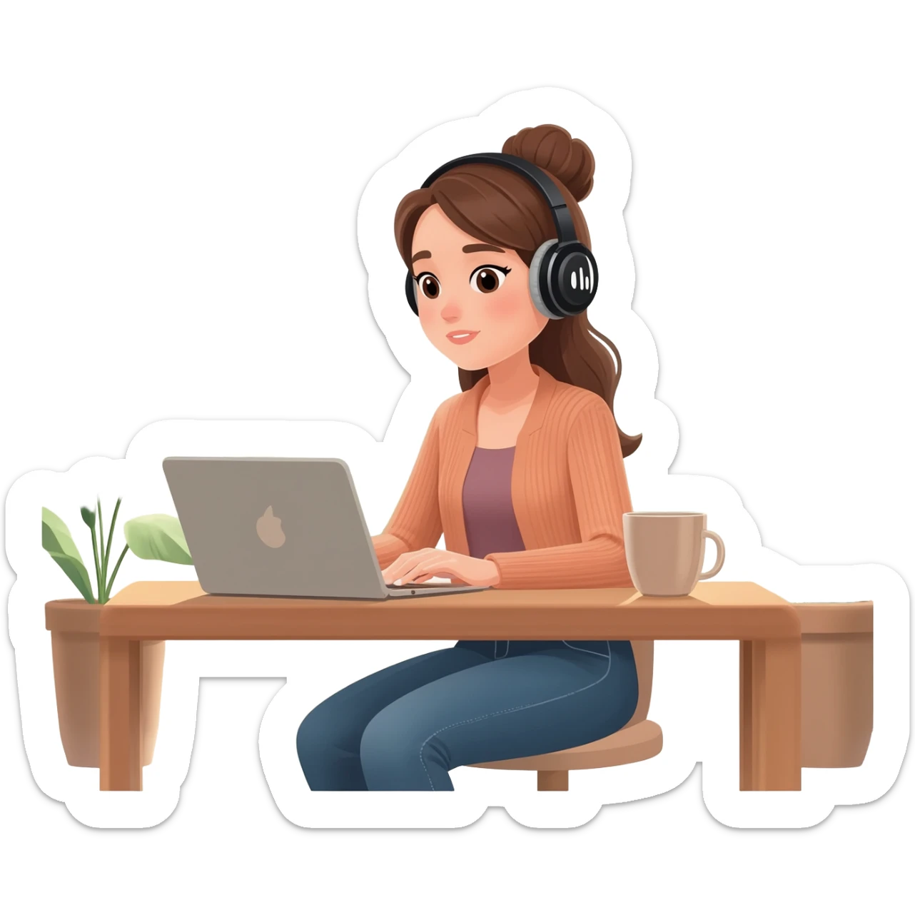 Девушка работает из дома с чашкой кофе sticker