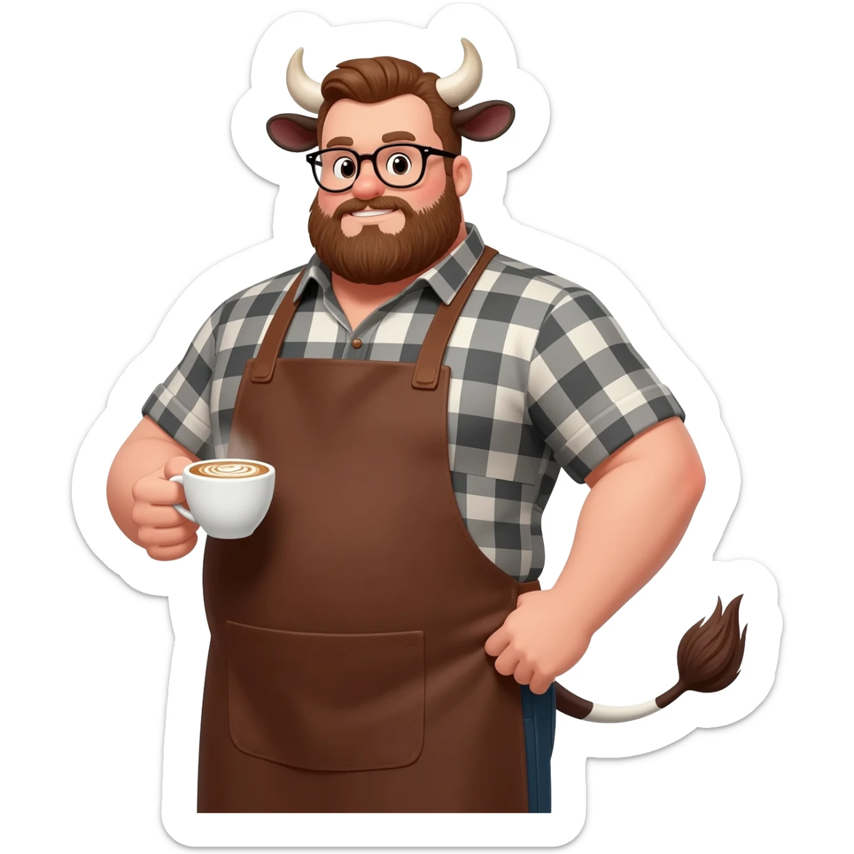 big buff man in a checkered shirt with beard in glasses with extra large fat tits with cow ears and cow tail dressed like barista in brown apron with latte in his hand sticker