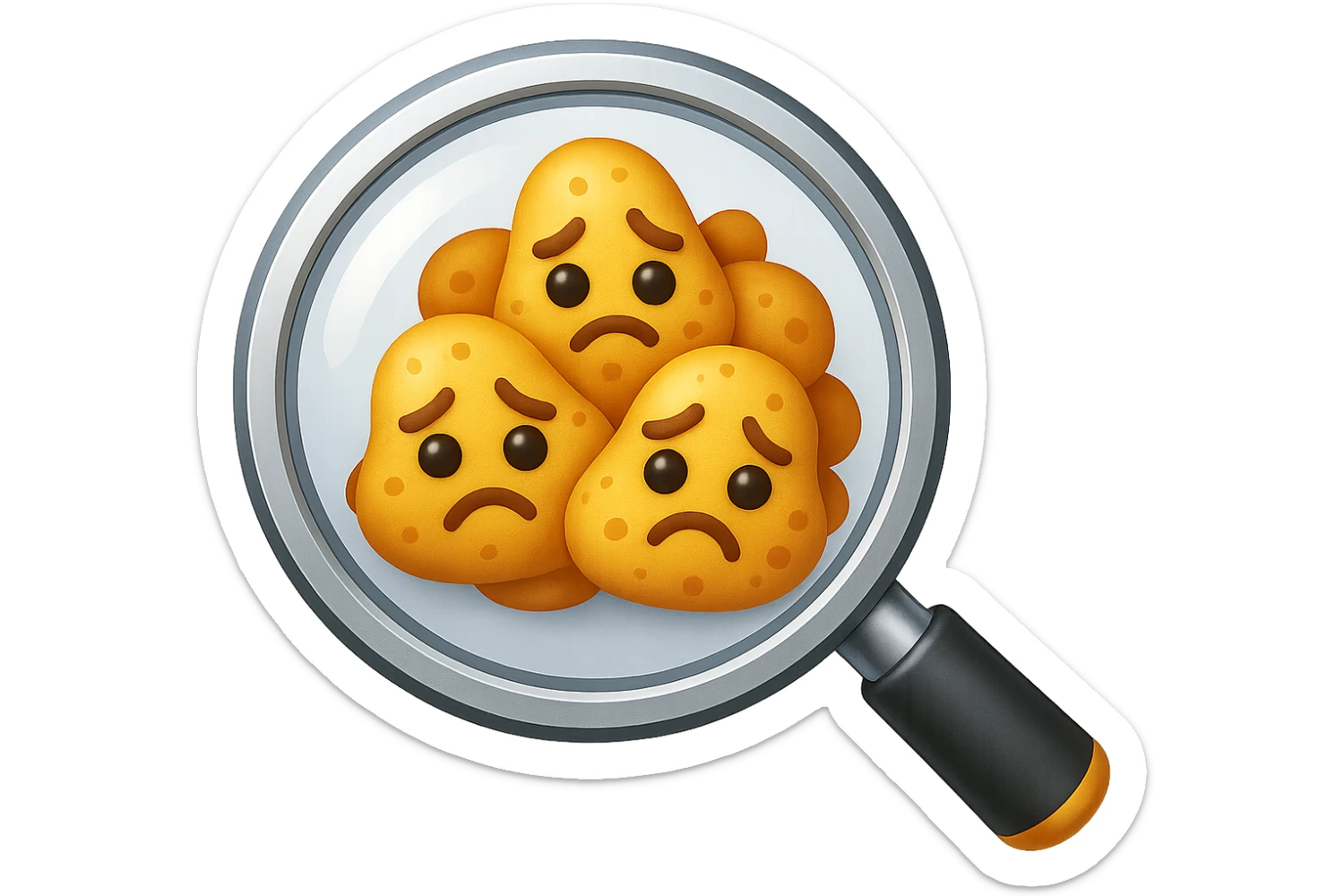 EMOJI STILE IPHONE DI una lente di ingrandimento che inquadra un cumulo di batteri intestinali tristi, IPERREALISTICO 4K sticker