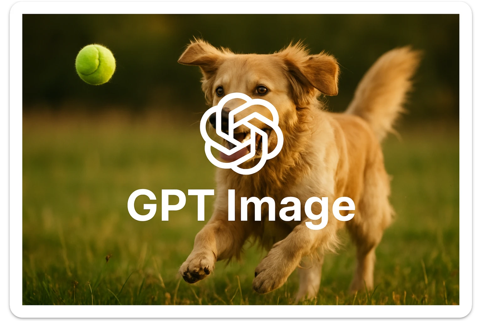 logo of chat gpt with text "GPT Image" on the background of a dog chasing ball, realistic image sticker