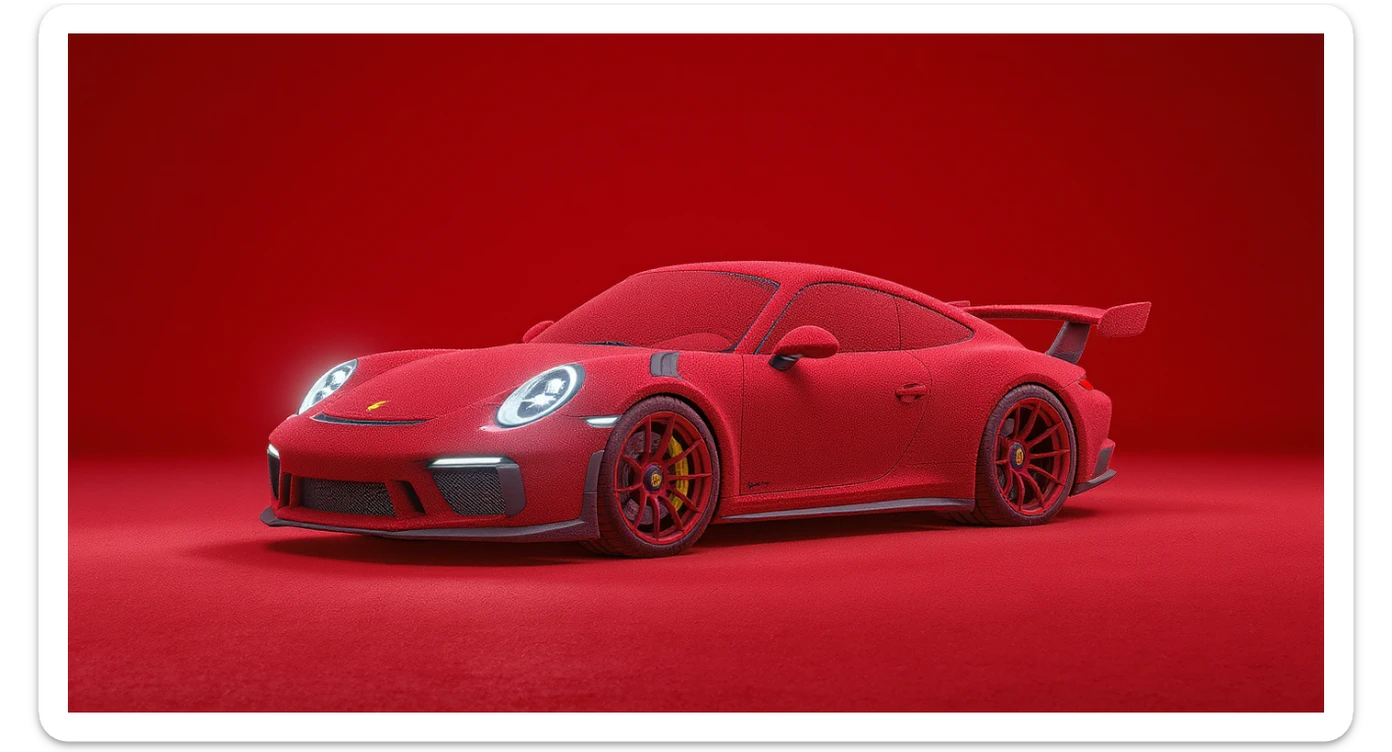 Medium shot of a porsche 911 made of carpet, red solid studio background, top soft light sticker