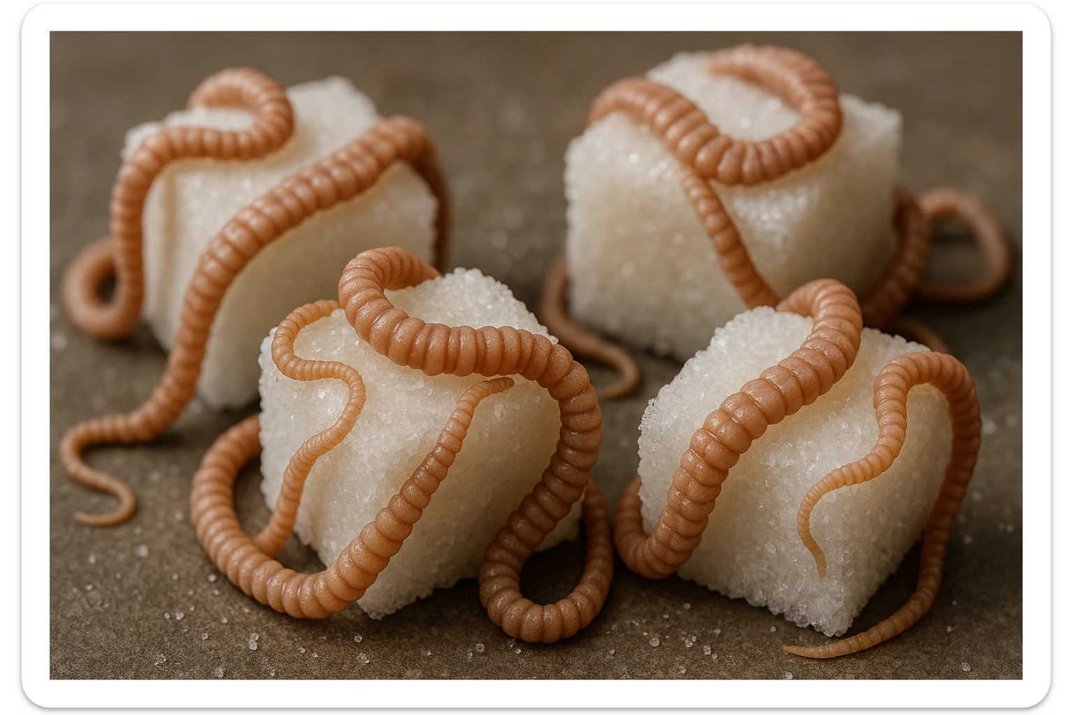 ZOLLETTE DI ZUCCHERO CON PARASSITI TIPO LA TENIA ARROTOLATE INTORNO AD OGNI ZOLLETTA, IPERREALISTICO 4K sticker