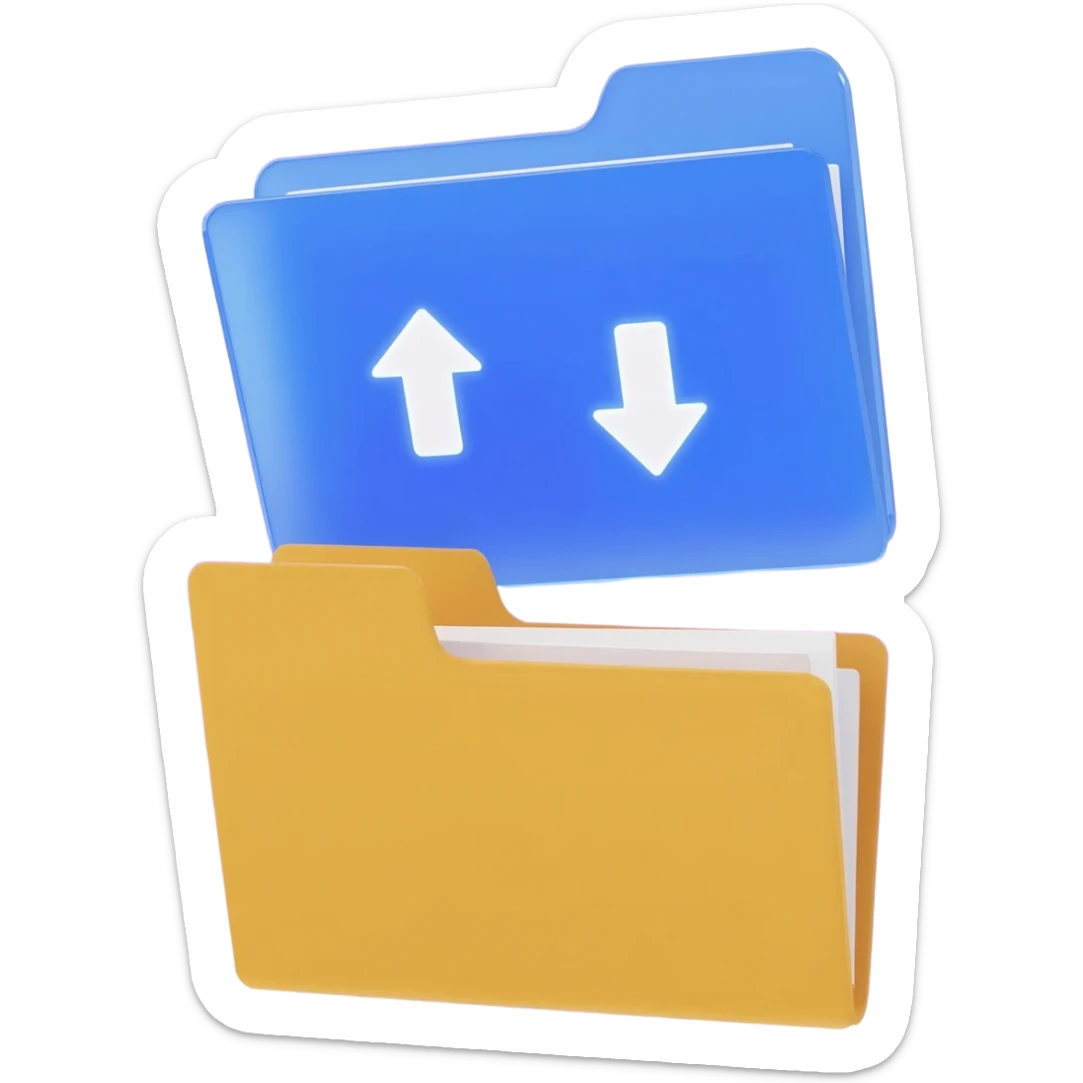 "A blue digital folder placed over a regular file folder, with a soft purple glow effect and an arrow indicating file upload and download with japan word." sticker