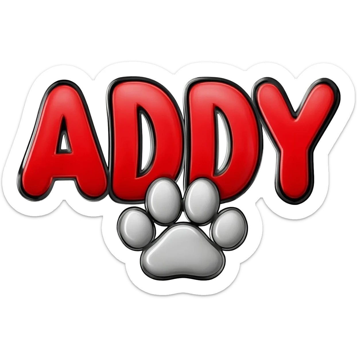 Bold bubble letters in Red color and outlined in black, Words ADDY and a paw print below sticker