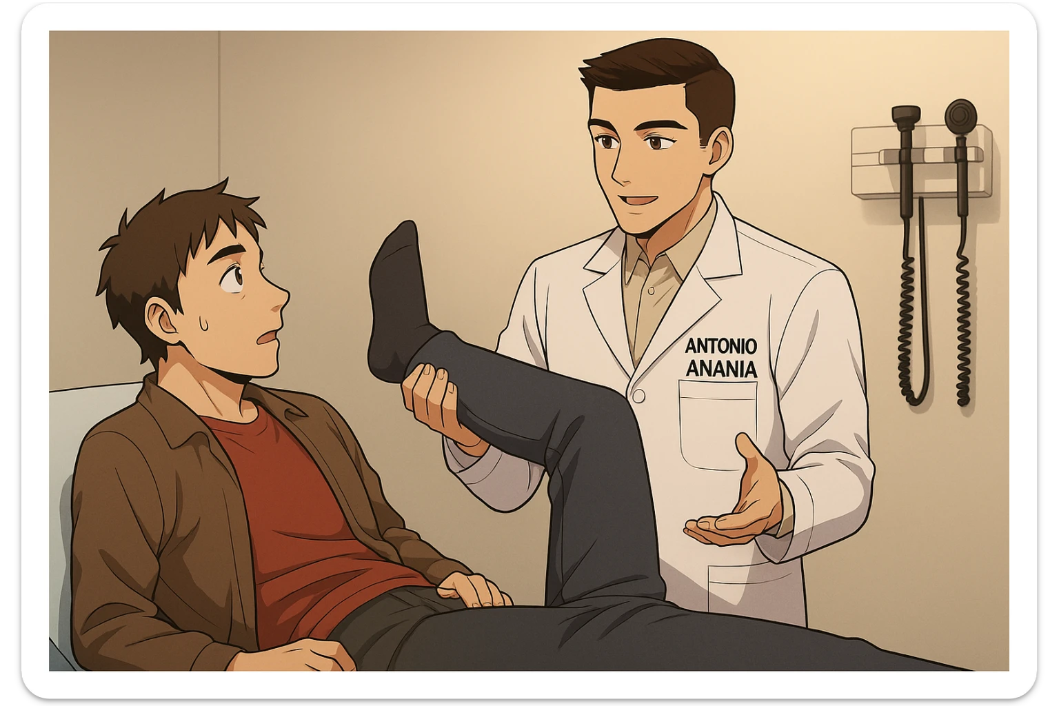fai un webtoon manga a colori con questo stile, in cui un uomo è steso sul lettino medico e il kinesiologo con il camice bianco (fagli anche la scritta "ANTONIO ANANIA" SUL CAMICE, gli solleva una gamba per fargli il test neuromuscolare, IL KINESIOLOGO SPIEGA ALL'UOMO UNA cosa mentre gli alza la gamba. non fare i fumetti però, fai solo in modo che sembri stiano parlando sticker