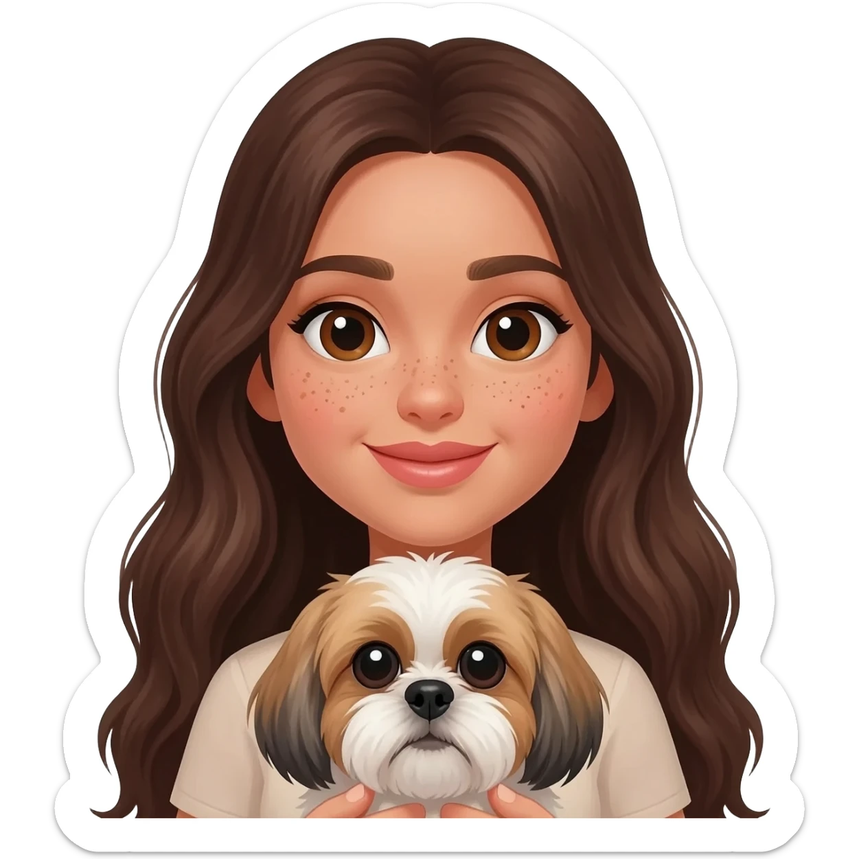 Tan Brunette girl with long hair and beauty spots under her lip and below her eyes, holding shih tzu sticker