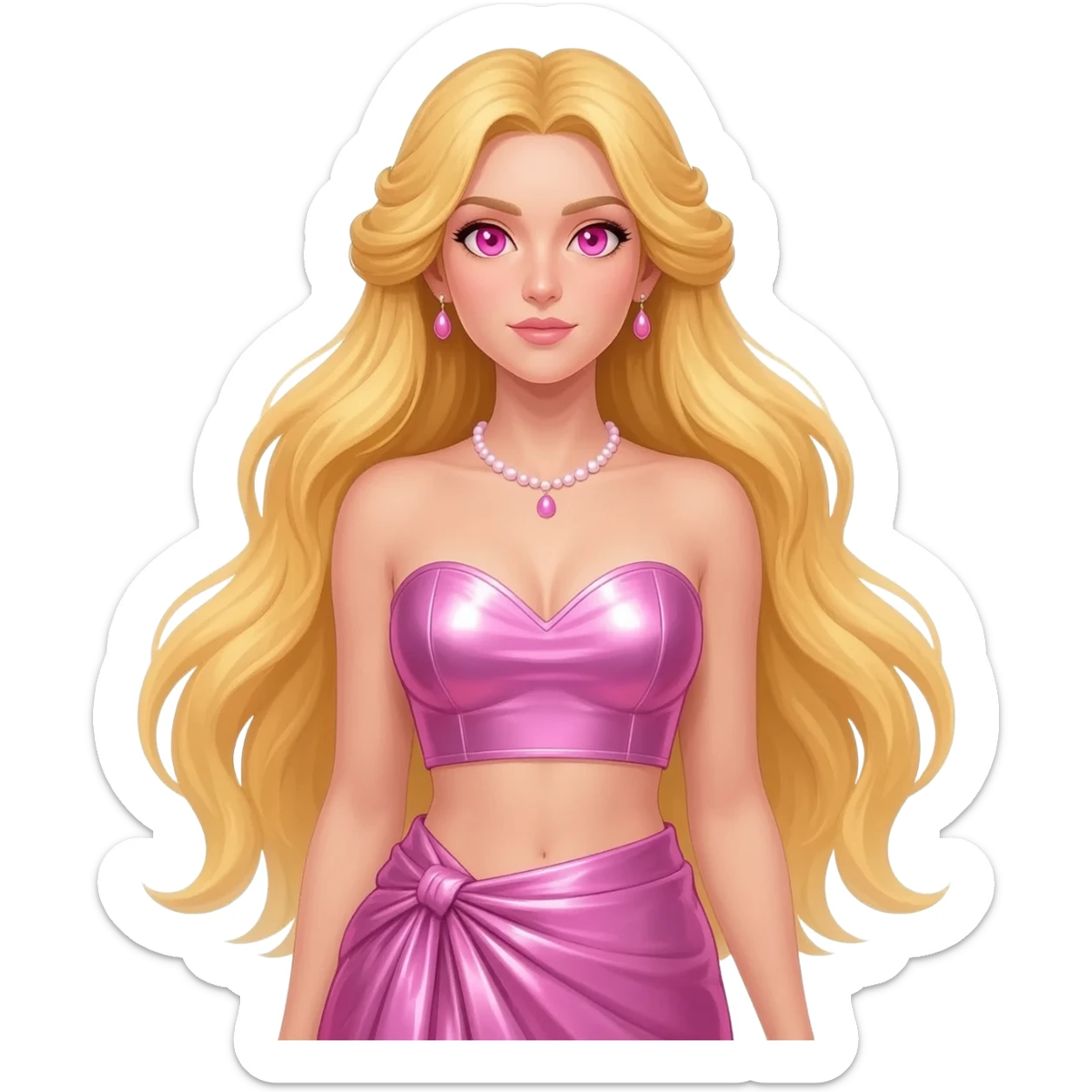 Aphrodite from Greek Mythology with pink eyes, long blonde hair, pink metallic sweetheart crop top, pink metallic wrap long skirt, pink necklace and earrings sticker