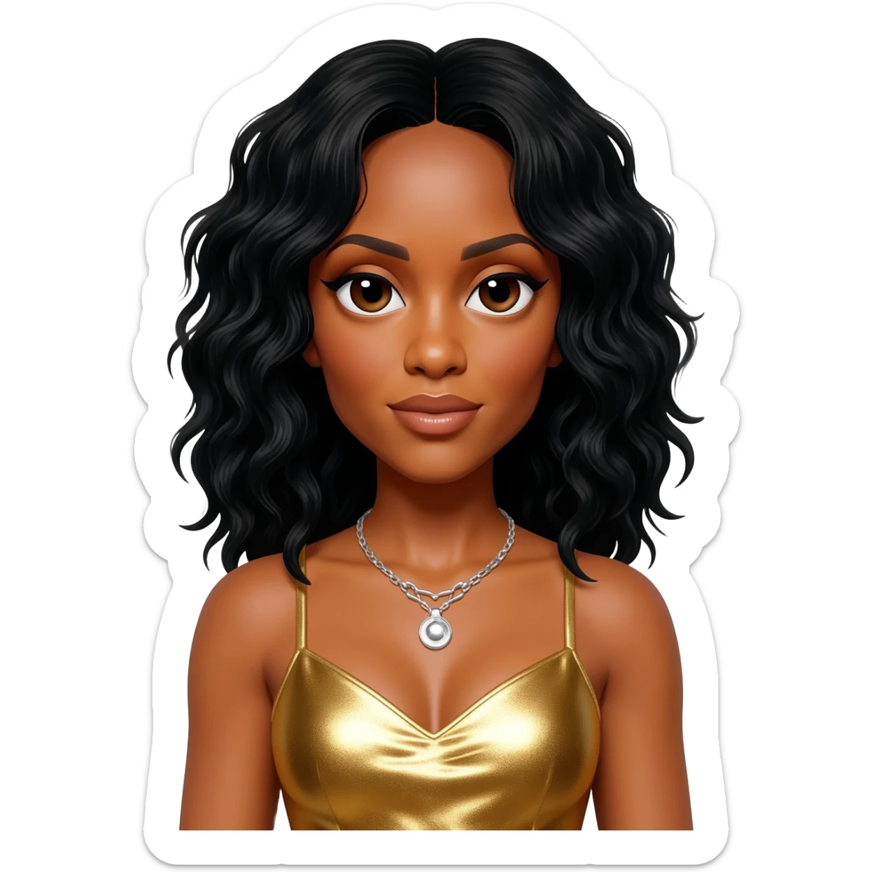 Kelly Rowland from Destiny's Child with black hair, gold metallic dress, silver necklace sticker