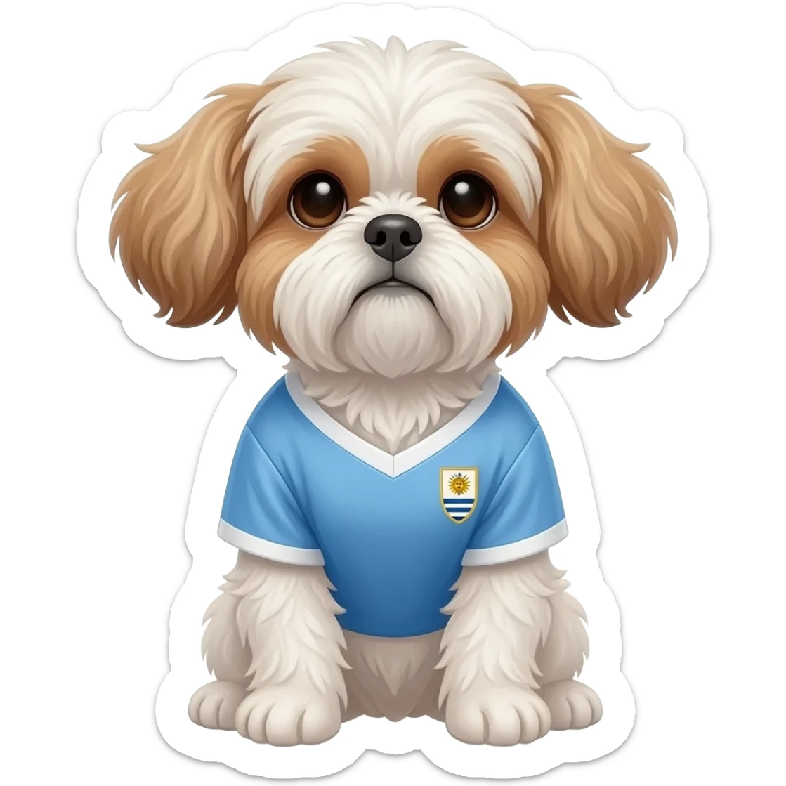 white and light brown shih zhu wearing a Uruguay soccer jersey v neck 2026 work cup sticker