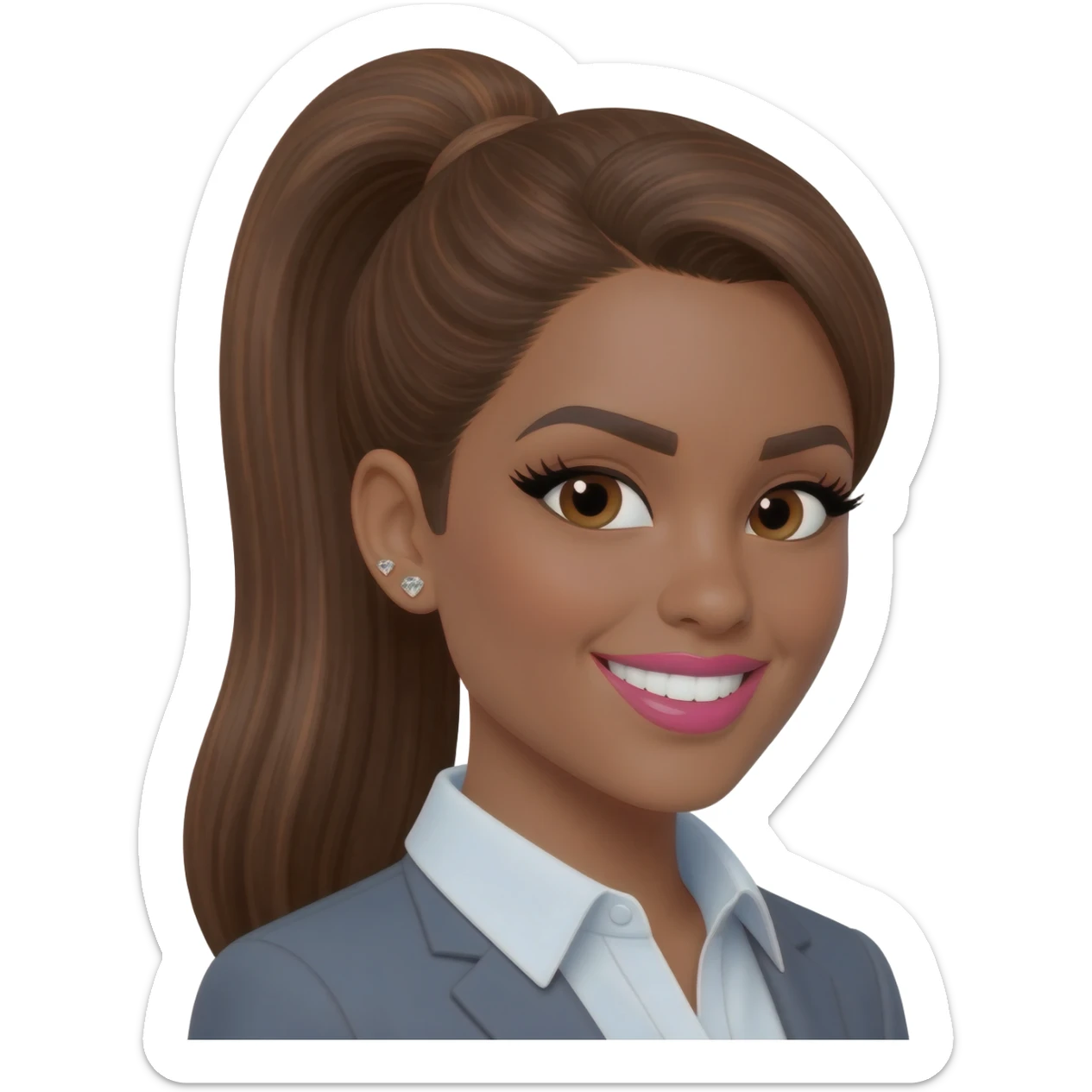 brunette with very long medium brown hair with highlights, in a sleek high ponytail, dark brown eyes, medium brown eyelash color, full lips, small button nose, olive color skin, full eye lashes, diamond earring studs, pink lipstick, nice smile, medium brown eyebrows, with a professional shirt sticker