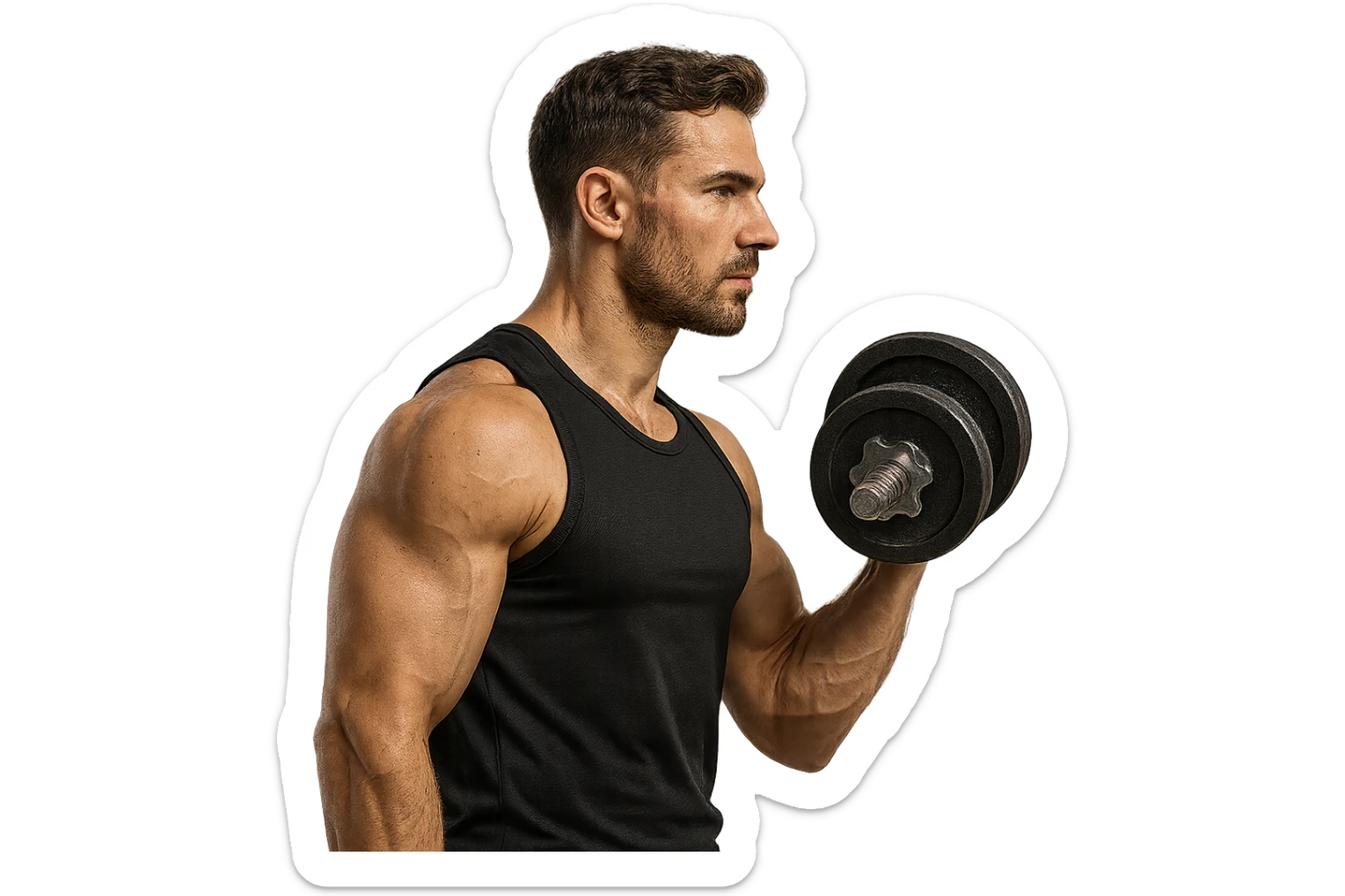 uomo fitness di profilo con manubrio da palestra in mano, iperrealistico 4k sticker