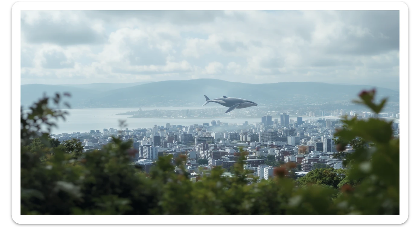 A cinemaatic still of a city, blurred plants in the foreground, huge whales fly above city sky, rolling hills in the background, cinematic depth of field, layered composition, natural lighting sticker