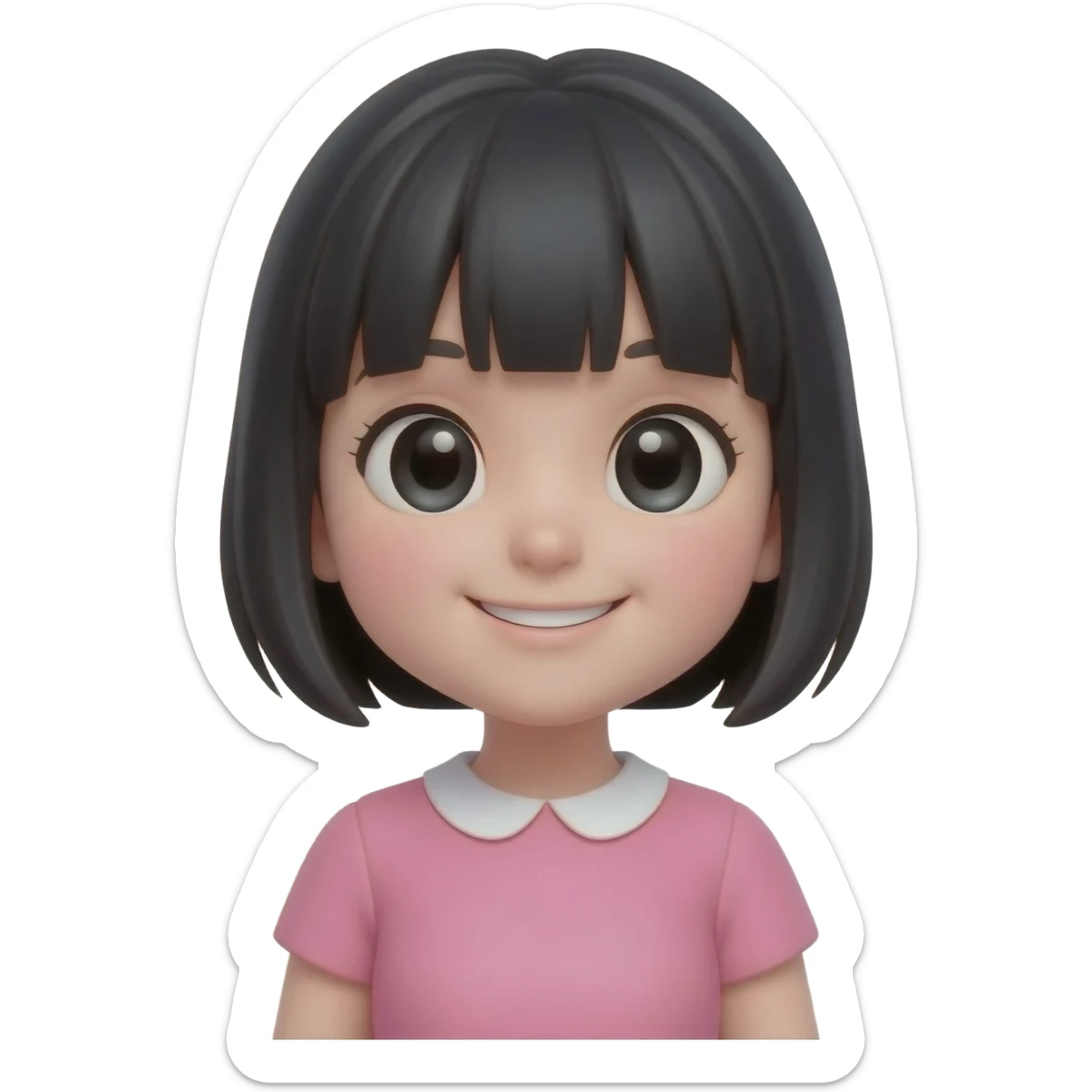 “Cute 3D emoji of a sweet anime girl with short black hair, pink dress, big shiny eyes, smiling, soft cartoon style, glossy emoji character.” sticker