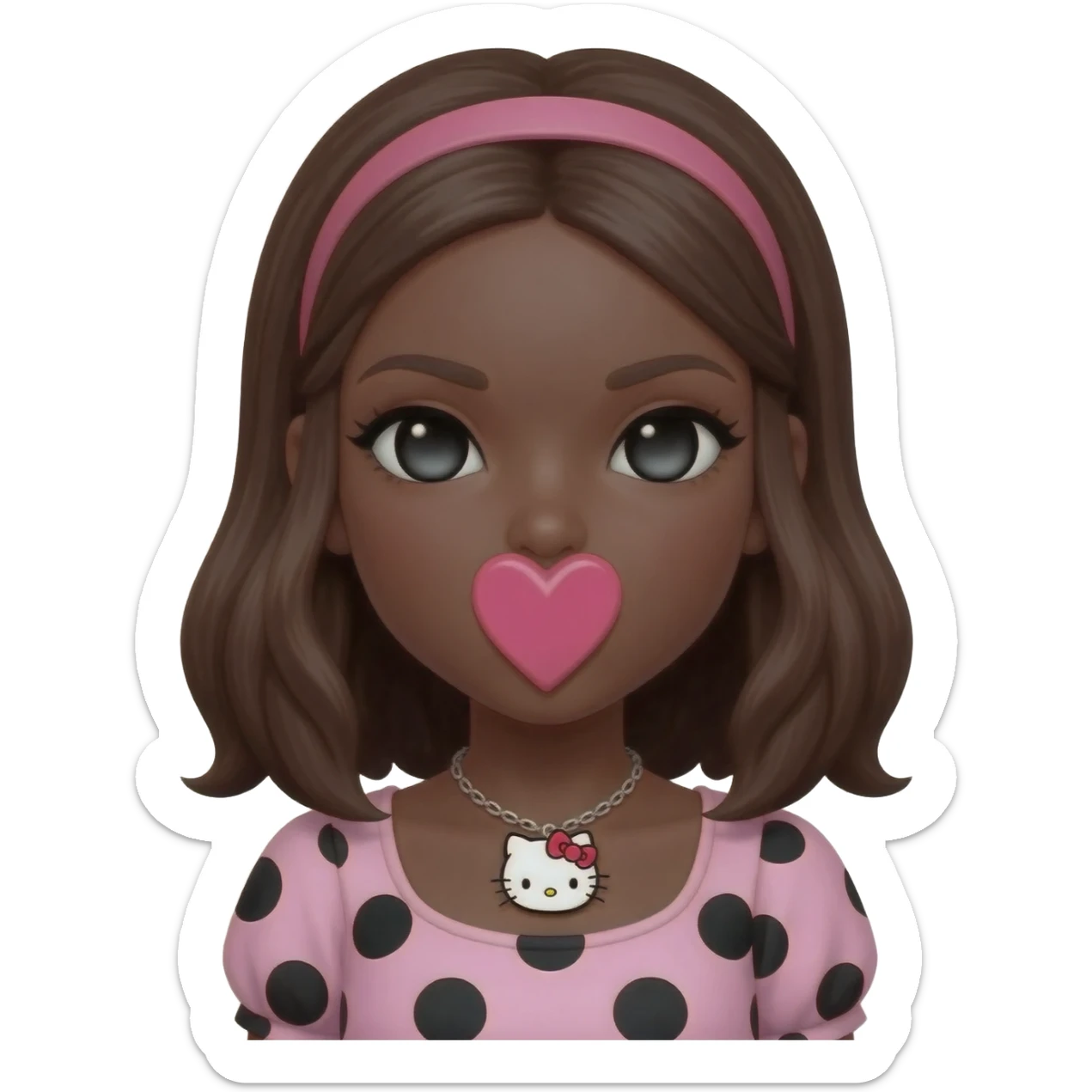 Doll faced shaped, hello kitty necklace, heart shaped cute lips bimbo, black doll eyes, Big lips barbie, dark brown skin with brown hair, bimbocore outfit light pink and black polkadots sticker