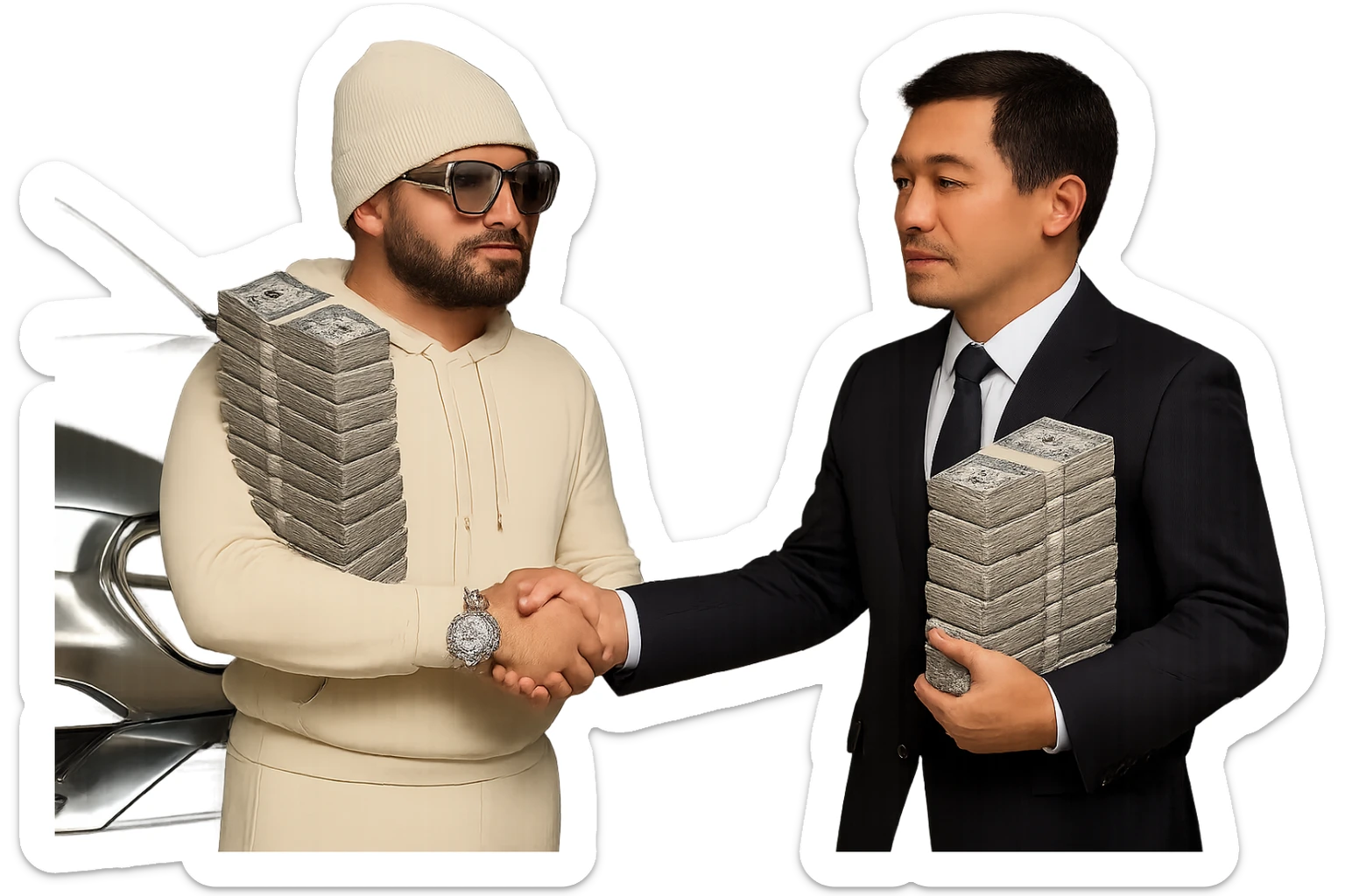 Edit the image to make only the watch, the glasses, and the car chrome. Keep everything else realistic and colored as in the example. Maintain the transparent background and all other details the same. sticker