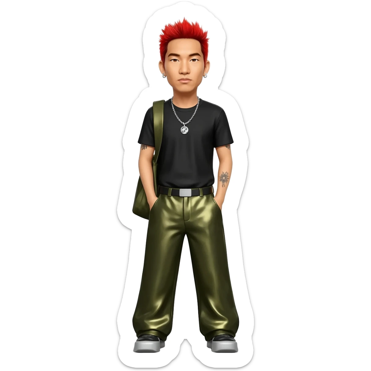 Mike Shinoda with red hair, black metallic T-shirt, olive metallic baggy pants, silver necklace sticker