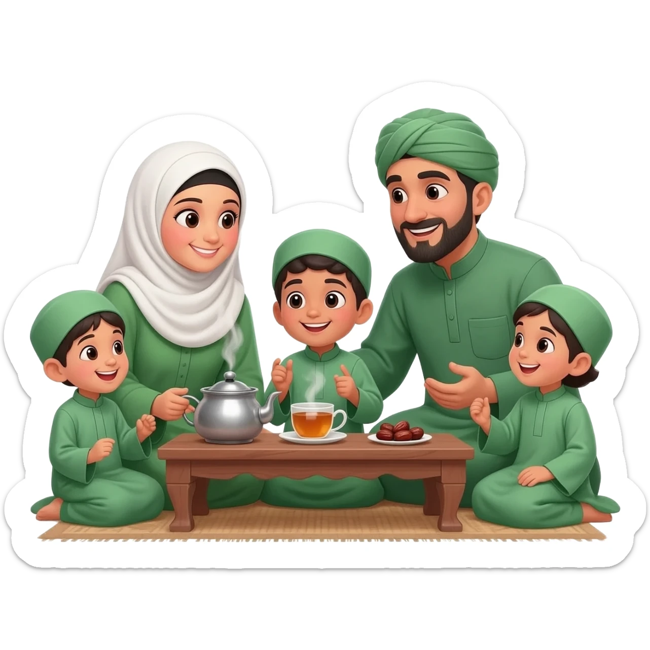 happy family islamic clothing sitting on table talking; mother wearing hijab more kids sticker