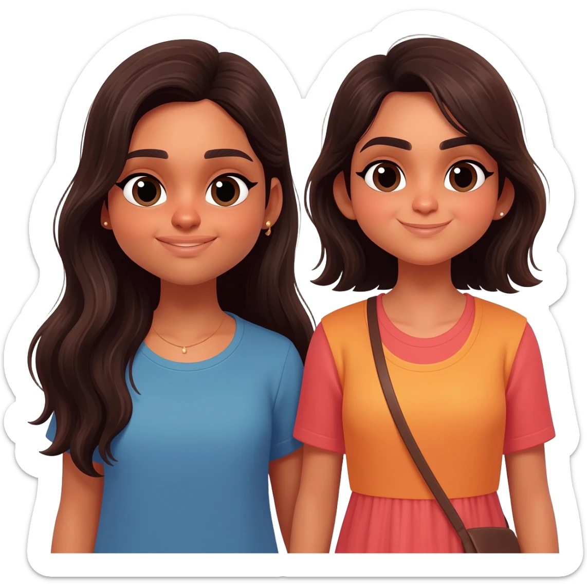 Two girl besties with dark brown hair Indian skin one has long hair one has shoulder length hair and a bit longer sticker