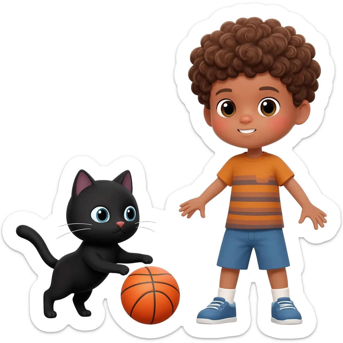 Black cat playing with orange basketball and a little boy with curly hair sticker