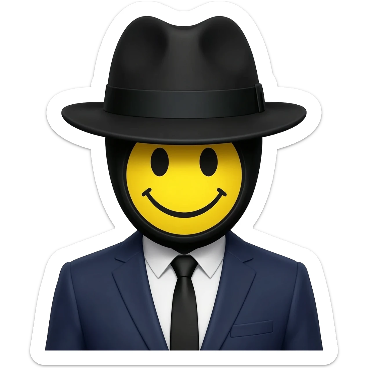 apple style emoji, man in a suit and fedora with a mask on his face that is just a yellow smiley face sticker