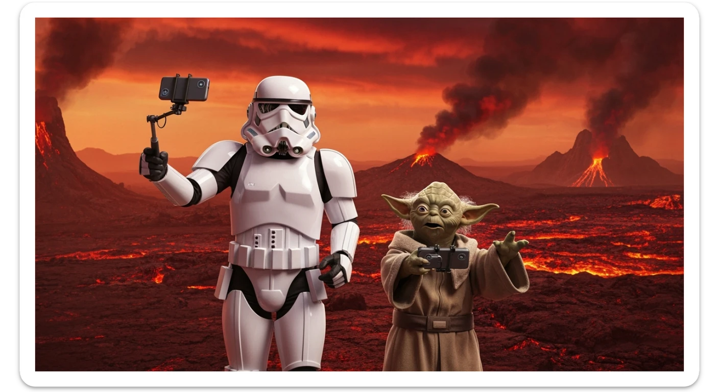 Starwars stormtroopers vlogging selfie, he is walking on lava planet with yoda sticker