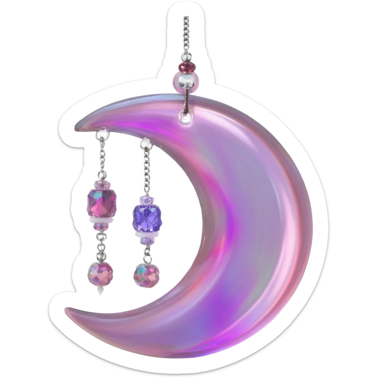 Iridescent shiny transparent pastel purple-pink-indigo-violet crescent Dreamcatcher-suncatcher hanging from a thread, with gemstones, and beads sticker