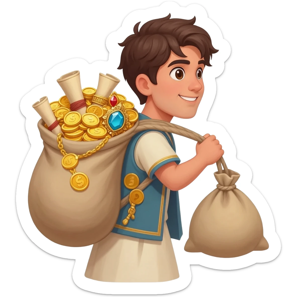  парень несет мешок с драгоценносями за спиной во весь рост времена древнего иерумалима  sticker