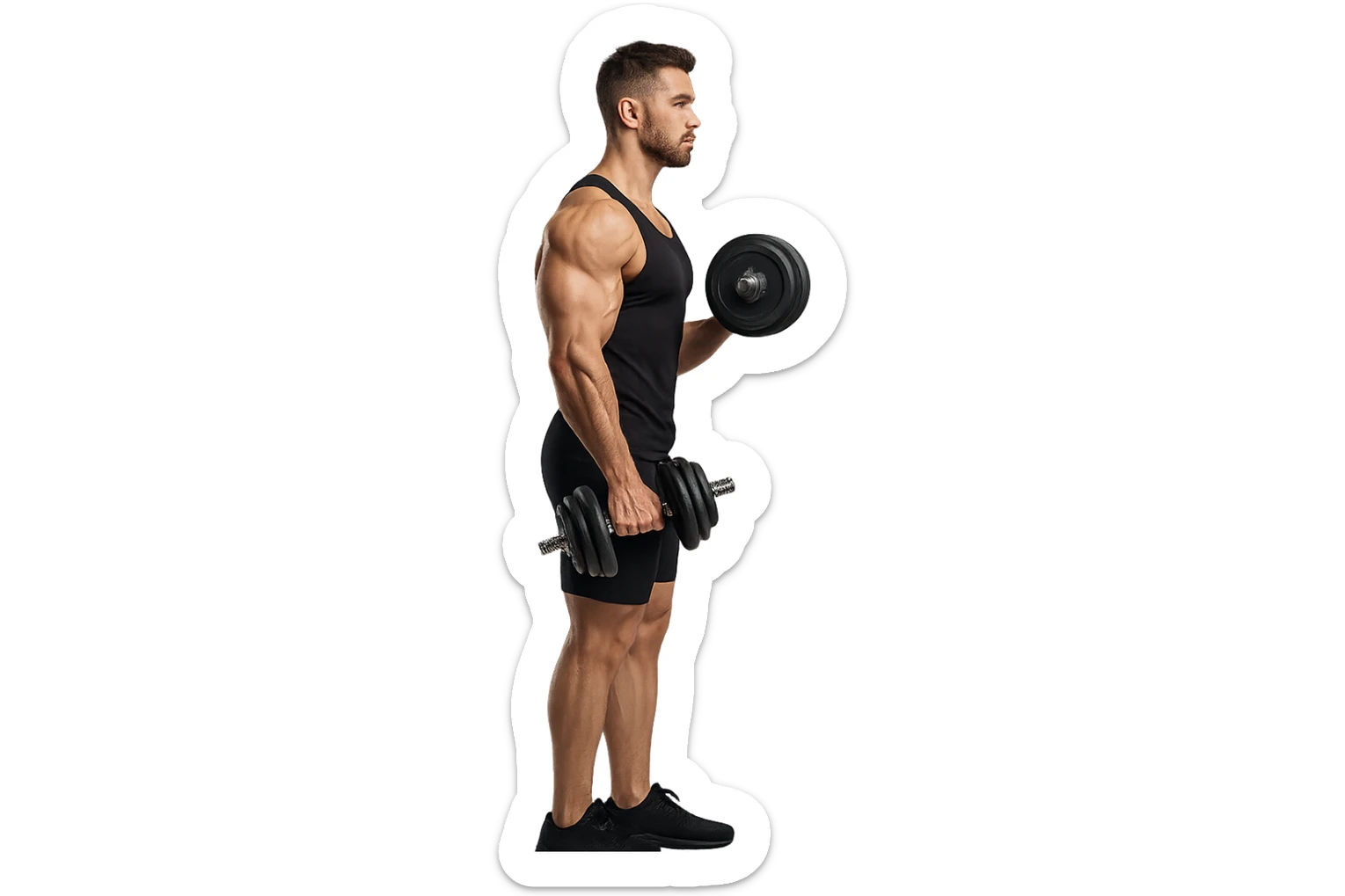uomo fitness di profilo a figura intera con manubrio da palestra in mano, iperrealistico 4k sticker
