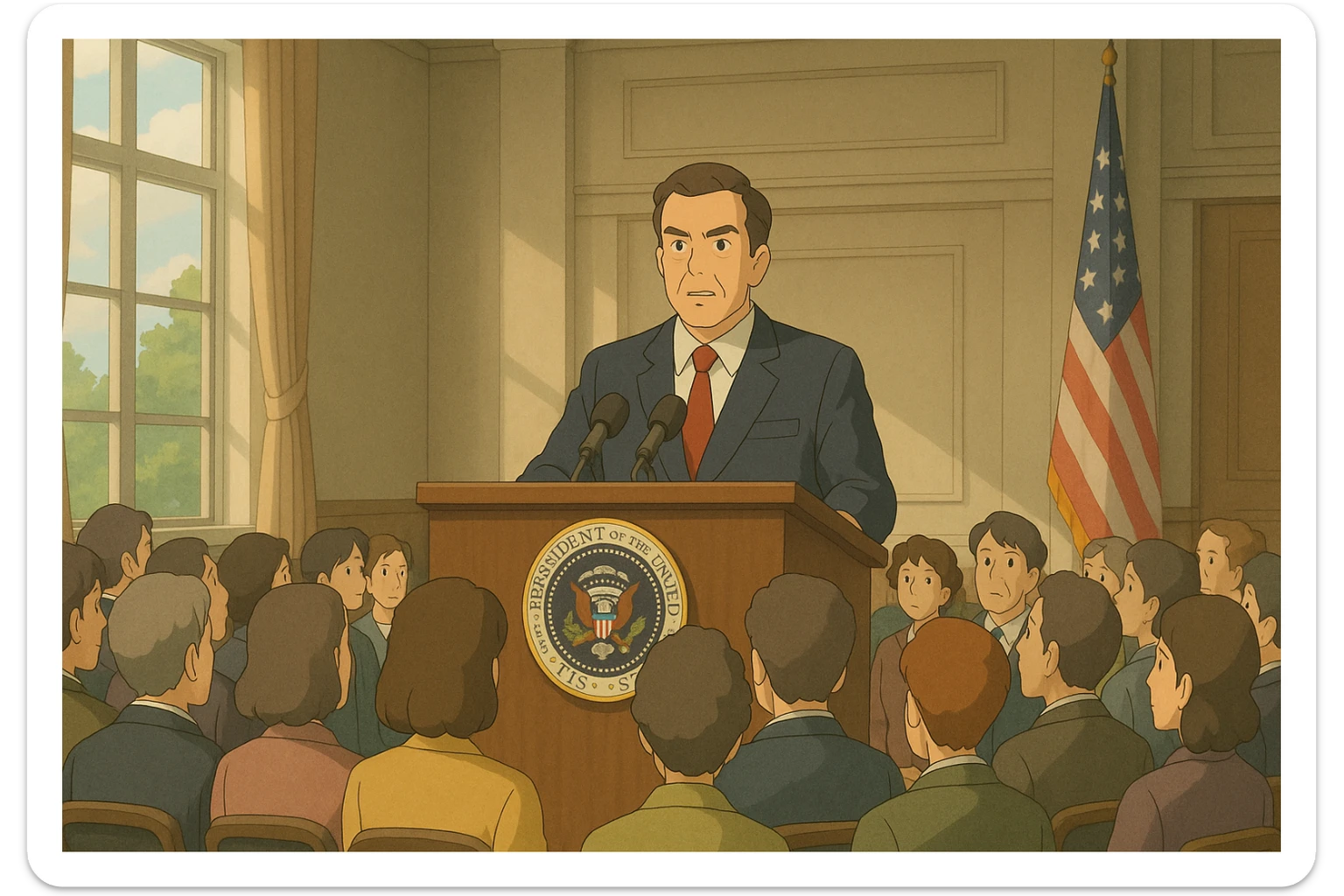 Président s'adressant à la nation, style ghibli, foule attentive, lumière douce, décor institutionnel sticker