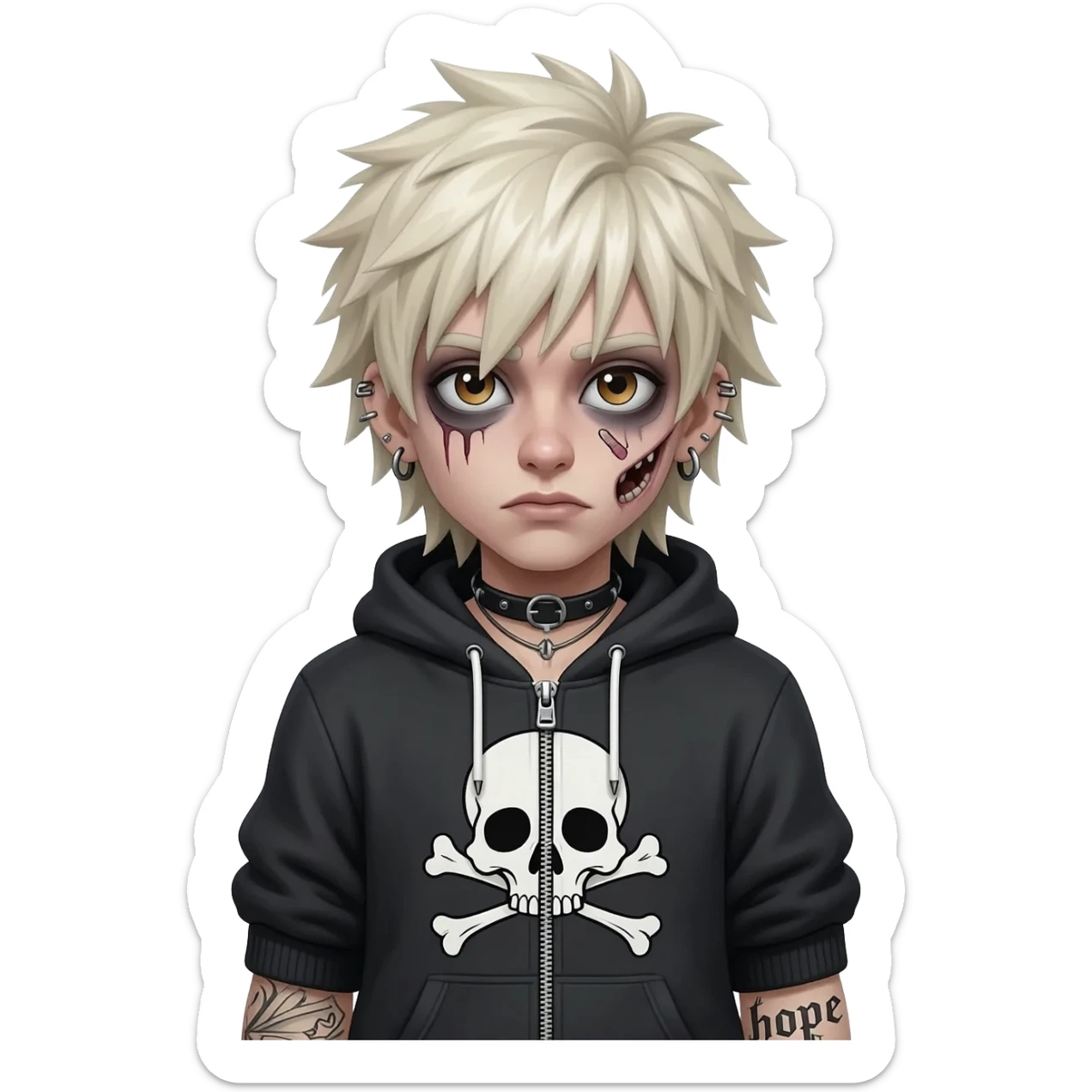 boy zombie spiky long platinum gold hair, hoodie zip is vignette skull wear piercings tatto "hope" sticker
