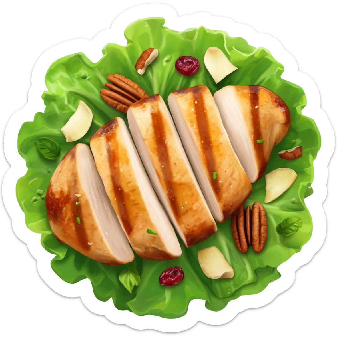 Salad with pecans, grilled chicken, dried cranberries, and apples made with iceberg lettuce sticker