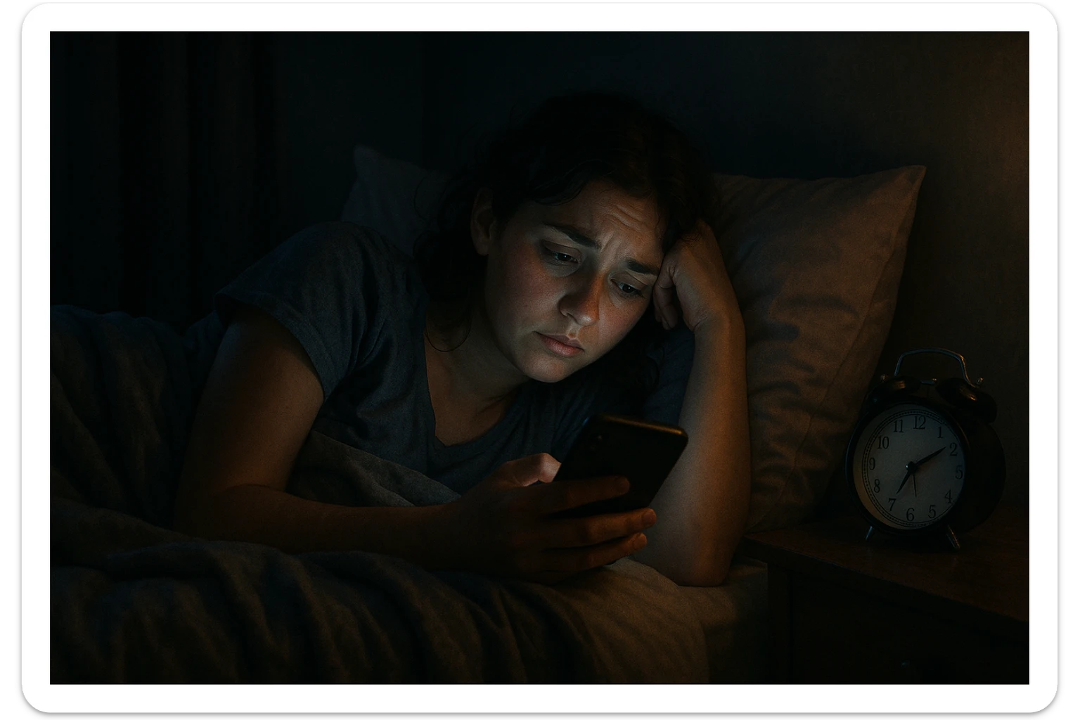 Girl lying in bed, wanting to sleep but not wanting to, staying up late playing with her phone sticker