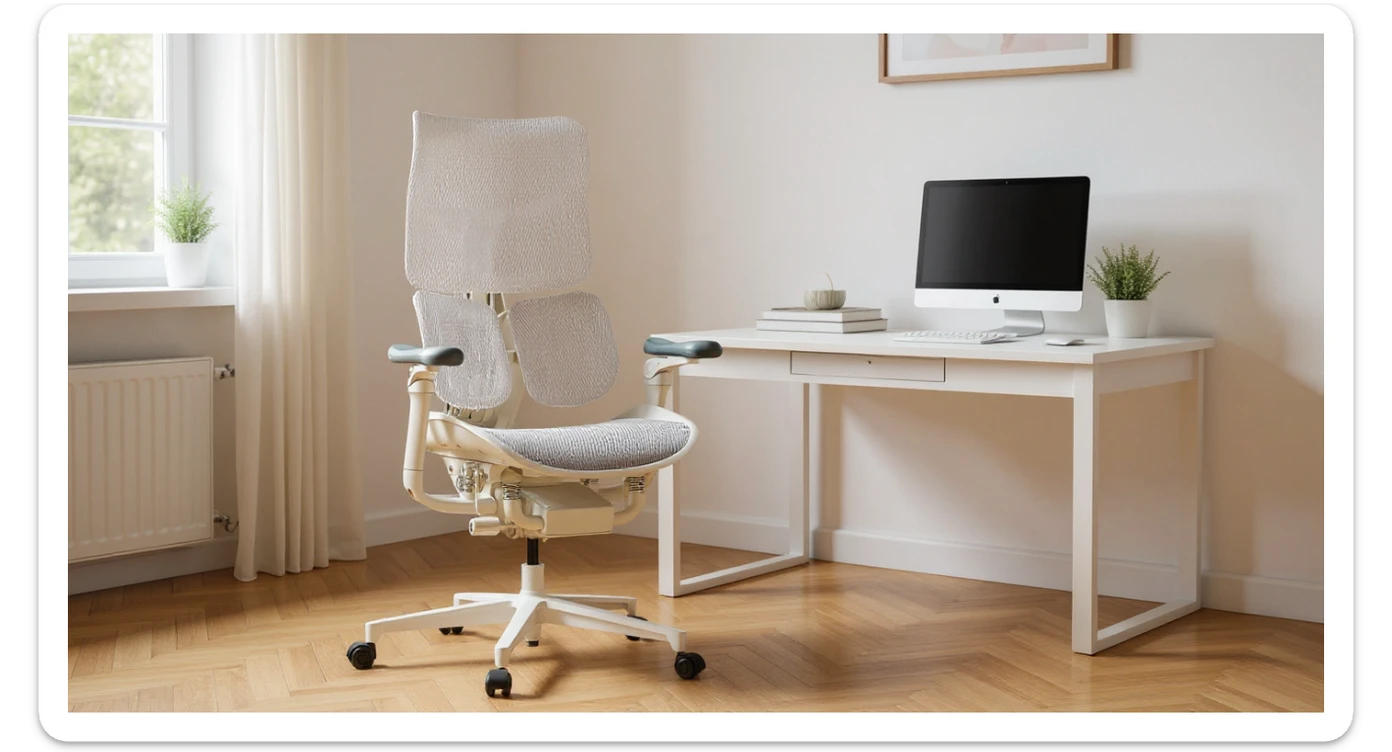 Editorial shot, Make this chair next to desk with mac setup, minimalistic room, bright and warm sticker