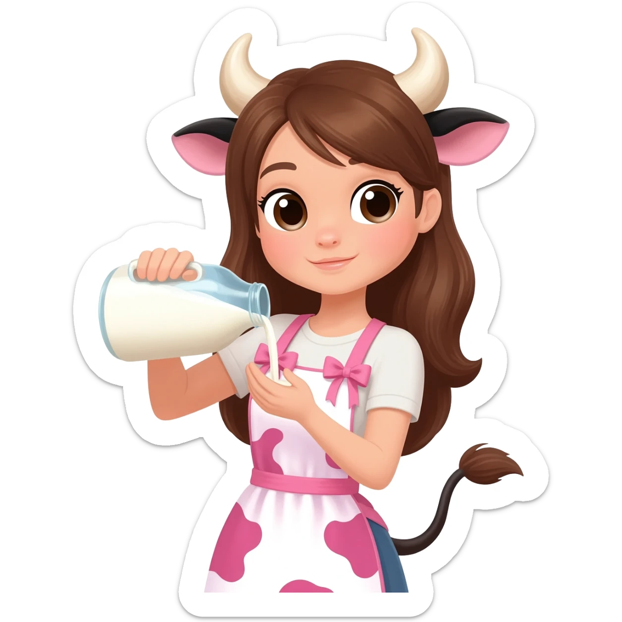 pretty woman with cow horns and cow ears and cow tail in cute apron with pink cow print and ribbons pours milk sticker
