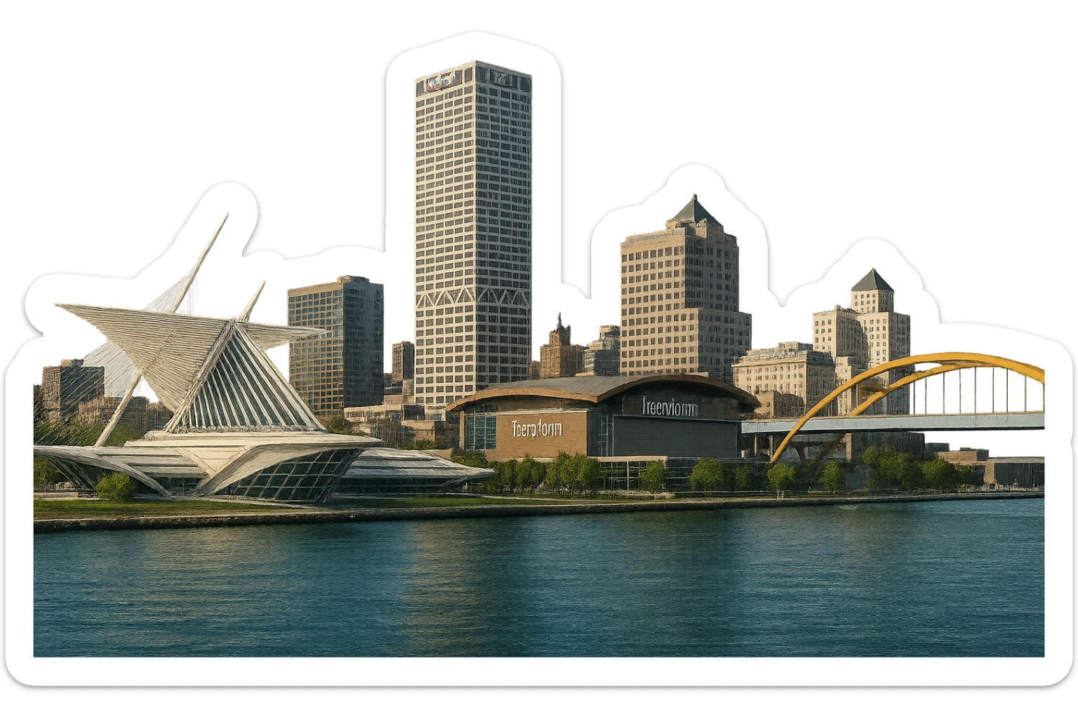 cinematic realistic emoji of Milwaukee wide city view with iconic landmarks Milwaukee Art Museum Fiserv Forum US Bank Center Hoan Bridge lifelike detail accurate colors bright daytime lighting no sky no clouds no city name label sticker
