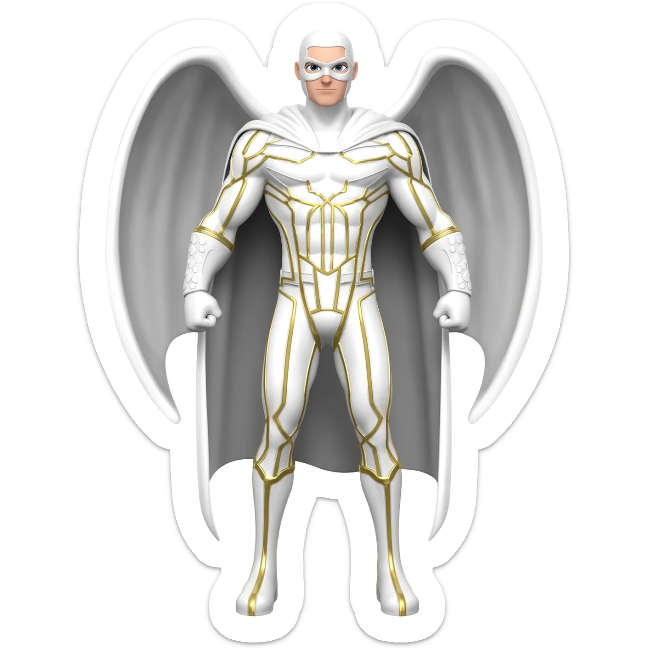 Superhero suite male all white and gold lines very tall long white cost and wing full white masks full body sticker
