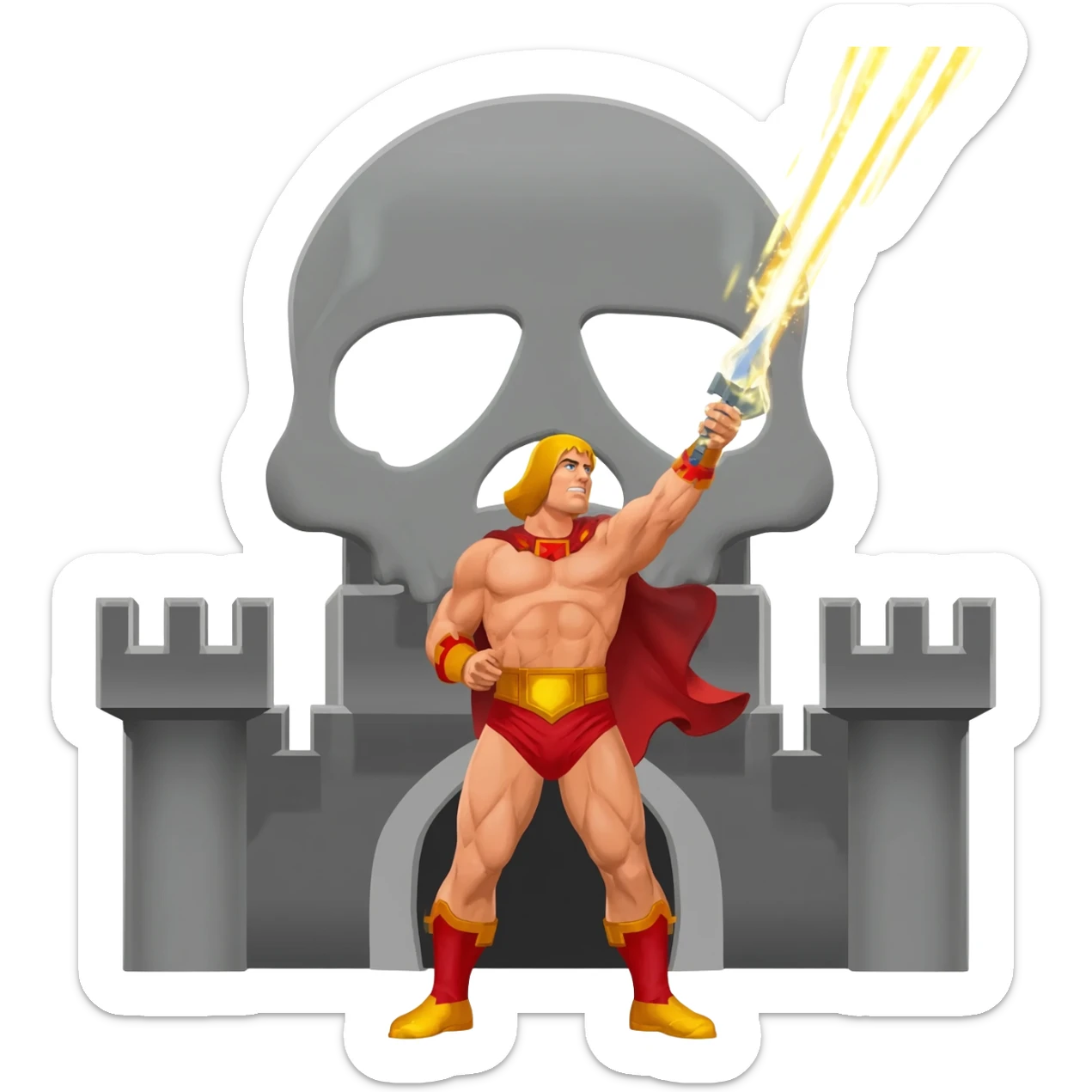 He-man in red cape holding up sword with power color shooting from sword towards sky in front of a large skull shaped gray castle sticker