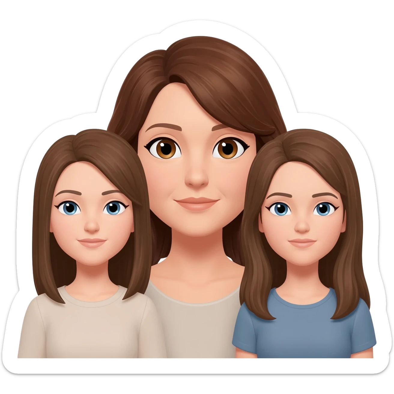 Mom (brown hair and brown eyes) and two 25 year old adult daughters (brown hair and blue eyes) all with pale skin sticker