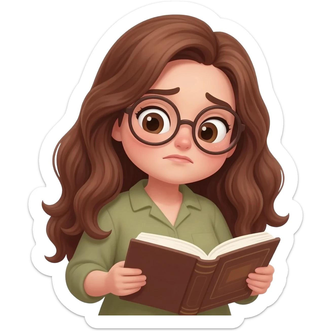 detailed emoji illustration of a curvy woman with long chestnut brown wavy hair, light brown eyes and round glasses reading a book with an emotional expression, touched by the story, emoji style sticker