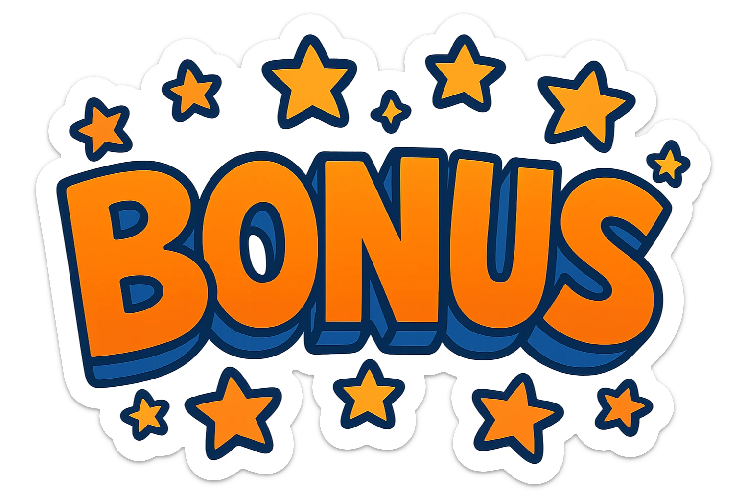 the word BONUS in large letters, all the same vibrant color, surrounded by stars, no background or sign behind, just the letters and stars, vibrant cartoon style sticker