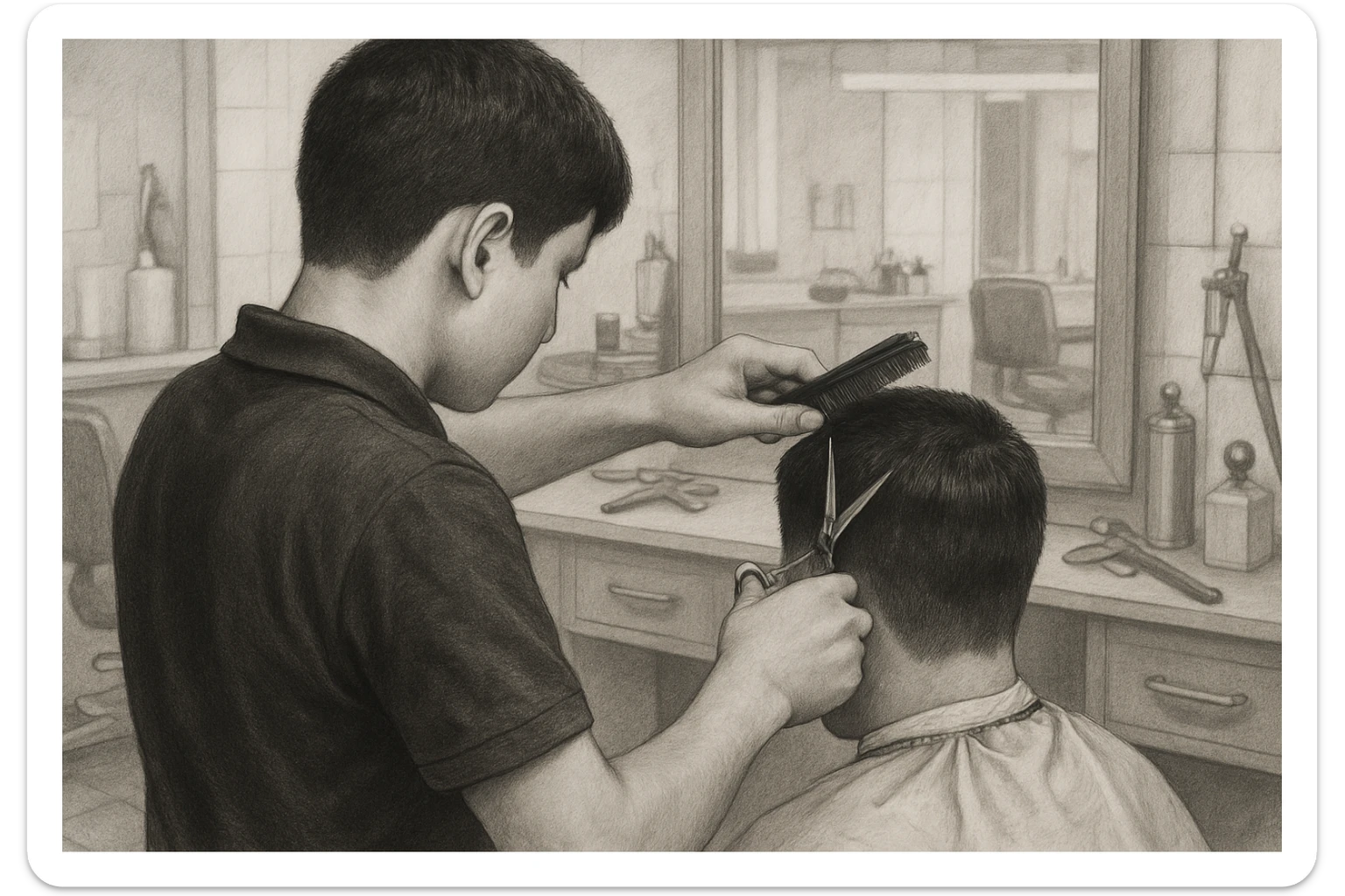 yuzi ko'rinmasin sartaroshxonada ishlayotganini tasvirlab ber mijozlarni sochini olayotganini o'smirin davrini sticker