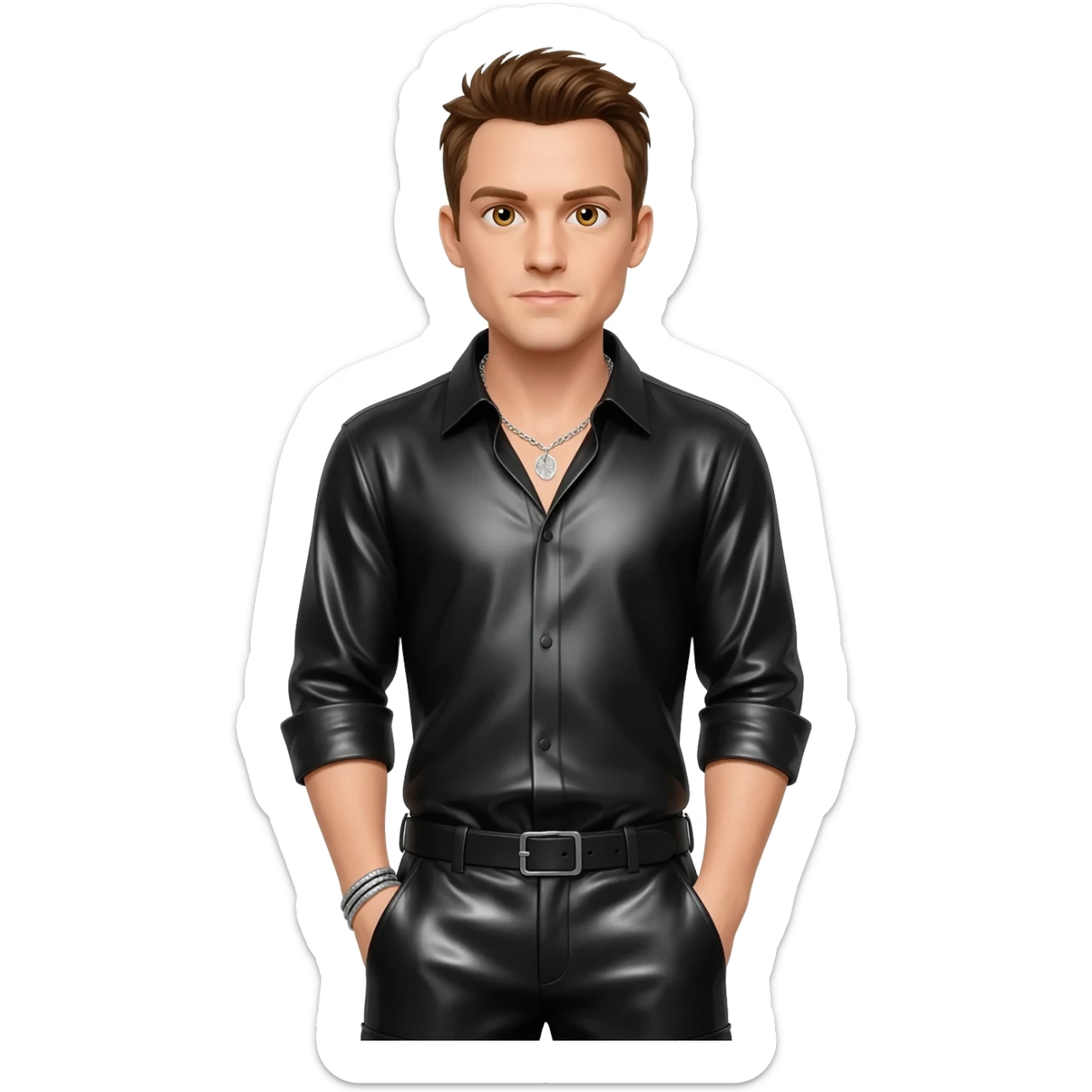 Shane Filan from Westlife with hazel eyes, brown hair, black metallic shirt, black metallic baggy pants, silver necklace sticker